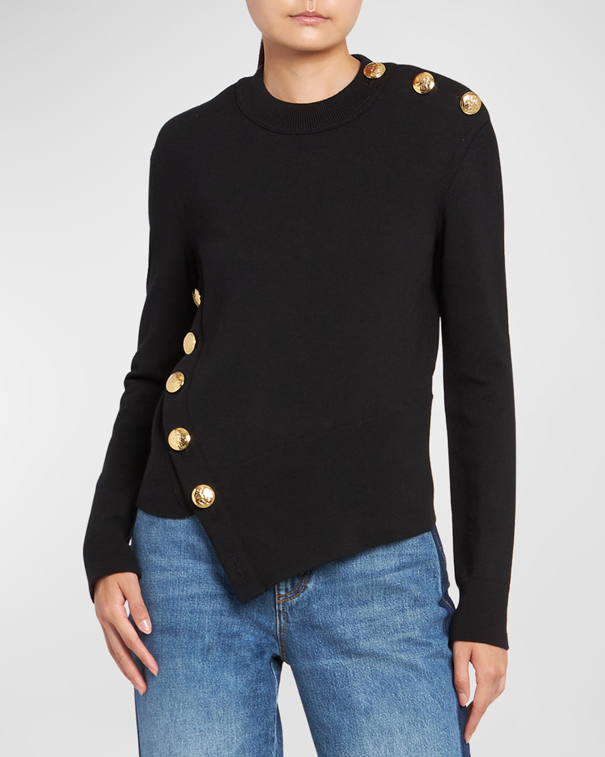 Shop Alexander Mcqueen Asymmetric Wool Sweater With Gold Buttons In Black