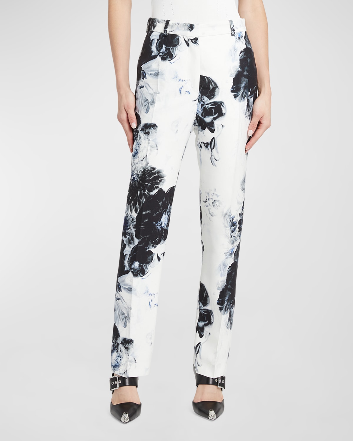 Alexander Mcqueen High-waisted Cigarette Trousers In White/black/electric Blue