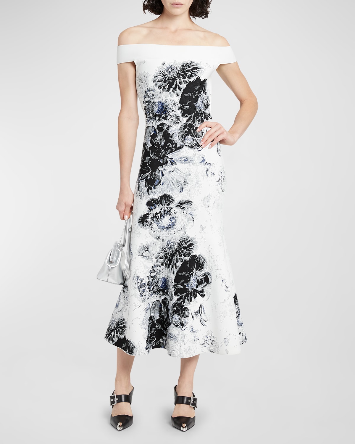 Shop Alexander Mcqueen Off-shoulder Floral Jacquard Midi Dress In White Lila