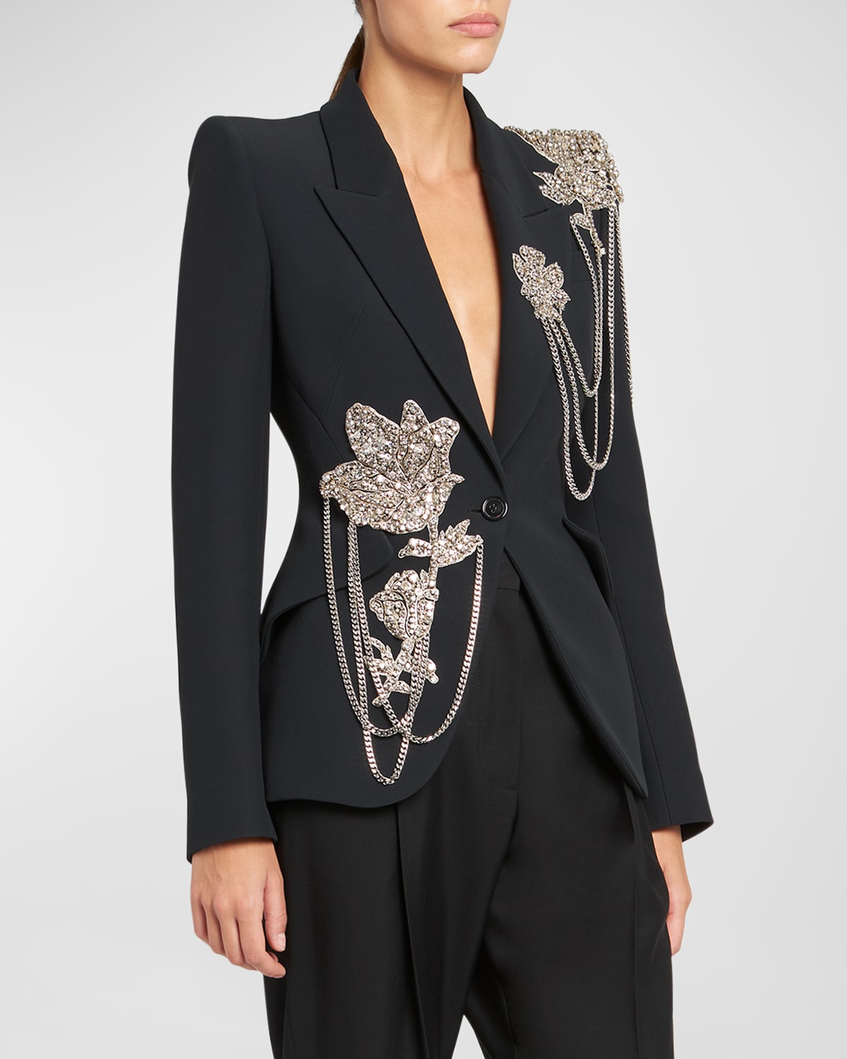 Shop Alexander Mcqueen Peak Shlouder Blazer Jacket With Floral Crystal Chain Detail In Black