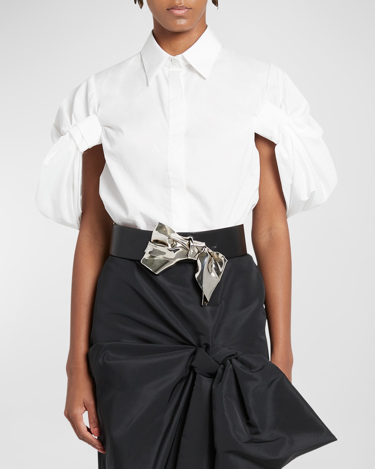Ruched Puff-Sleeve Button-Front Blouse