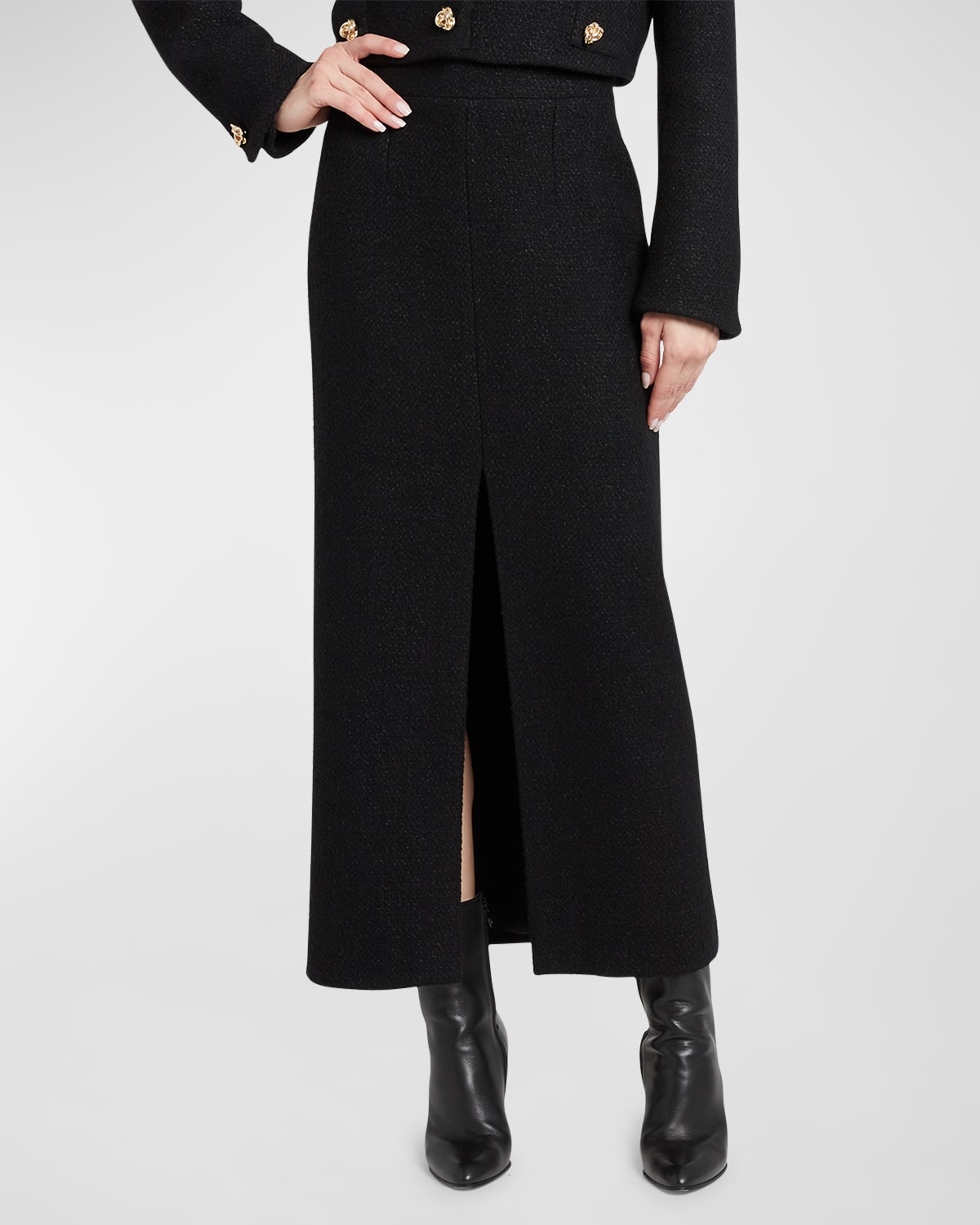 Shop Alexander Mcqueen Tweed Pencil Midi Skirt With Front Slit In Black