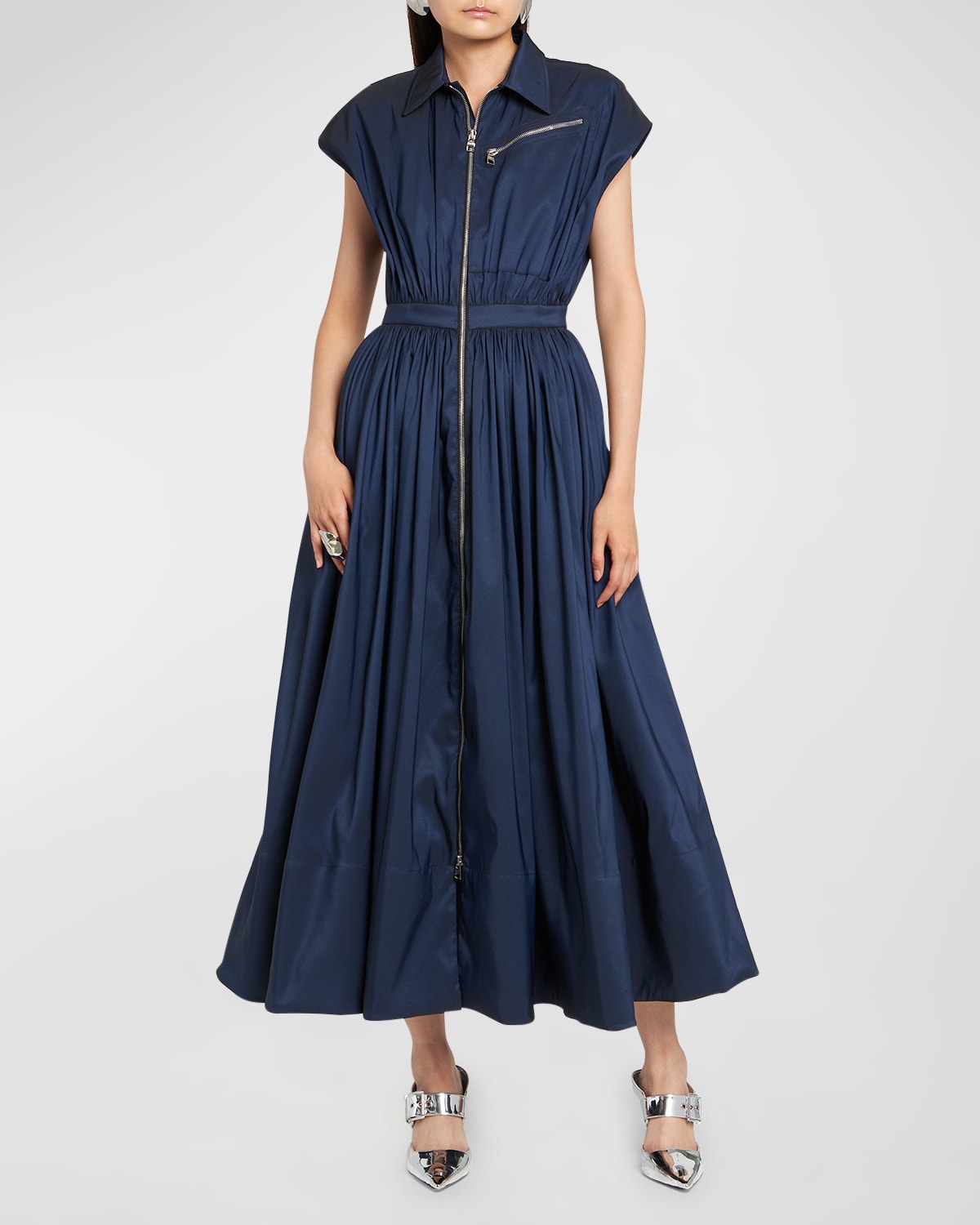 Shop Alexander Mcqueen Collared Zip-up Midi Dress In Denim Blue