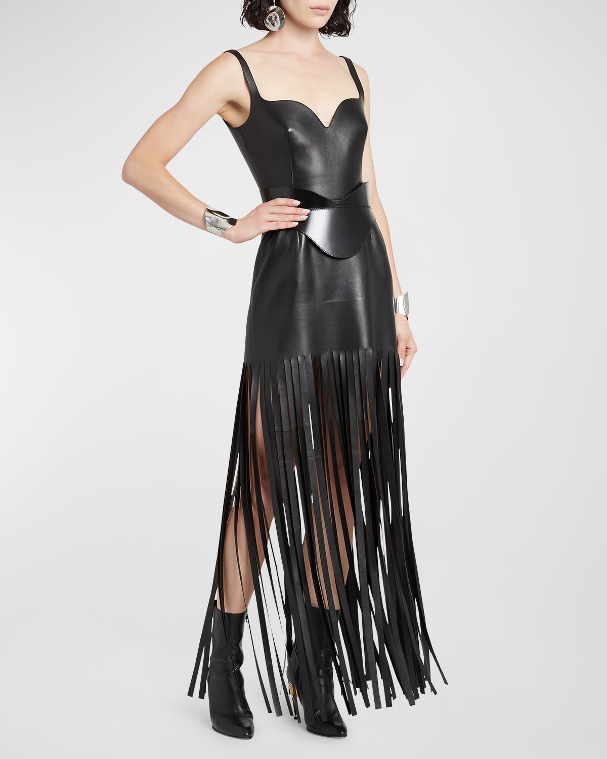 Shop Alexander Mcqueen Sculpted Bust Leather Mini Dress With Fringe Trim In Black