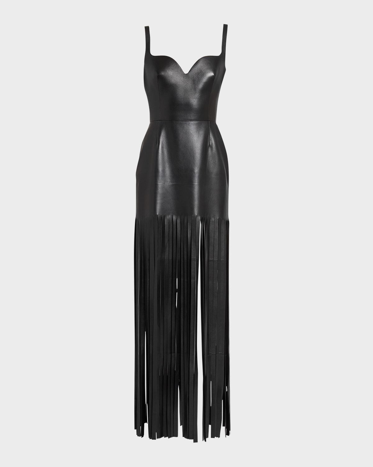 Sculpted Bust Leather Mini Dress with Fringe Trim