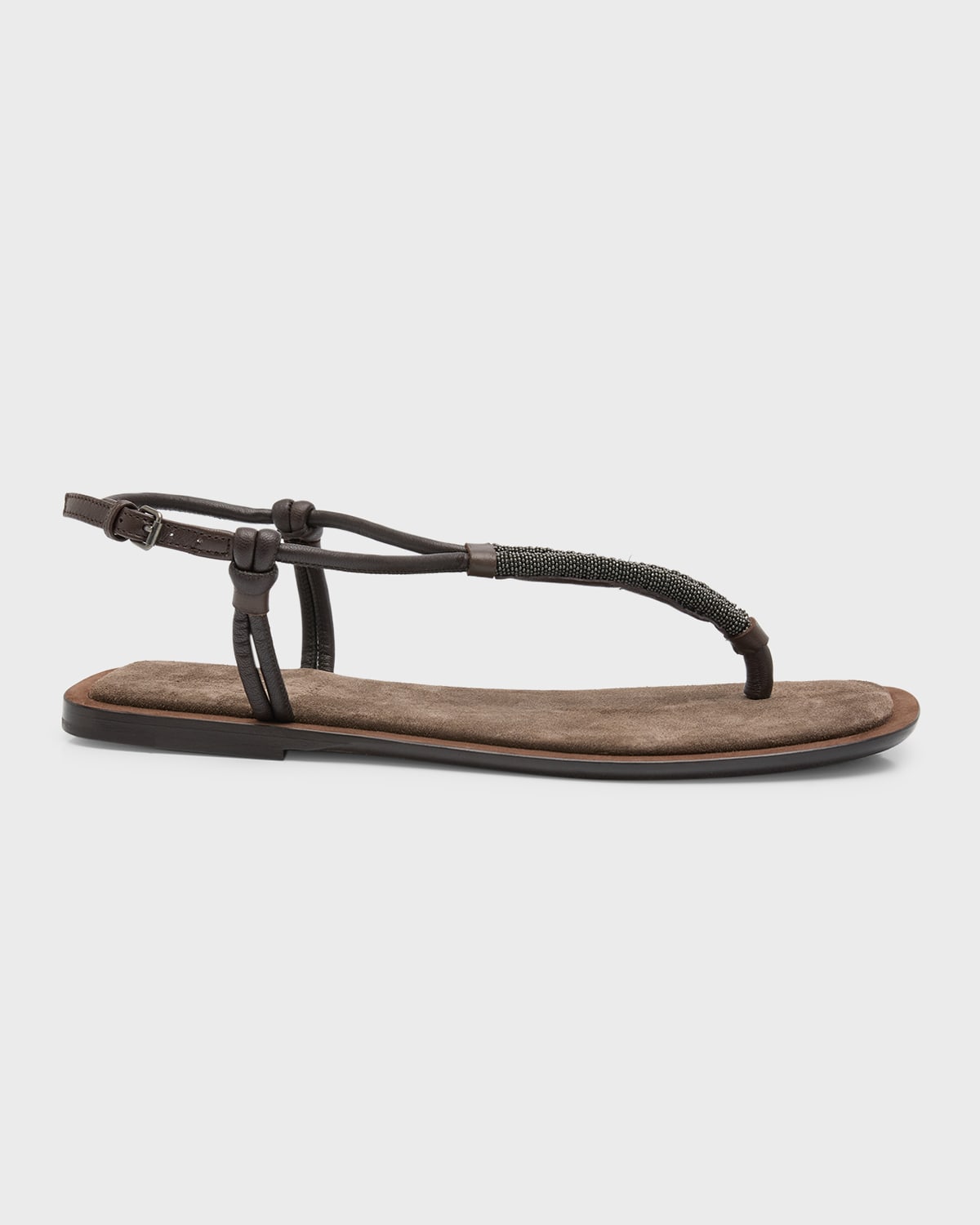 Brunello Cucinelli Monili Leather Thong Slingback Sandals In C8796 Brown