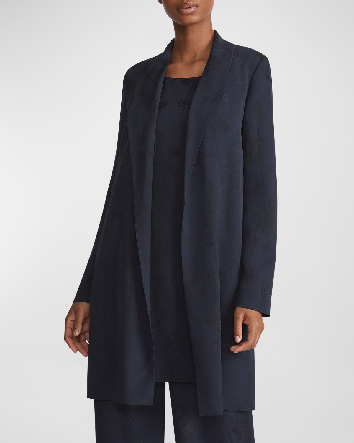 Shop Lafayette 148 Shawl-collar Floral Jacquard Open-front Jacket In Navy