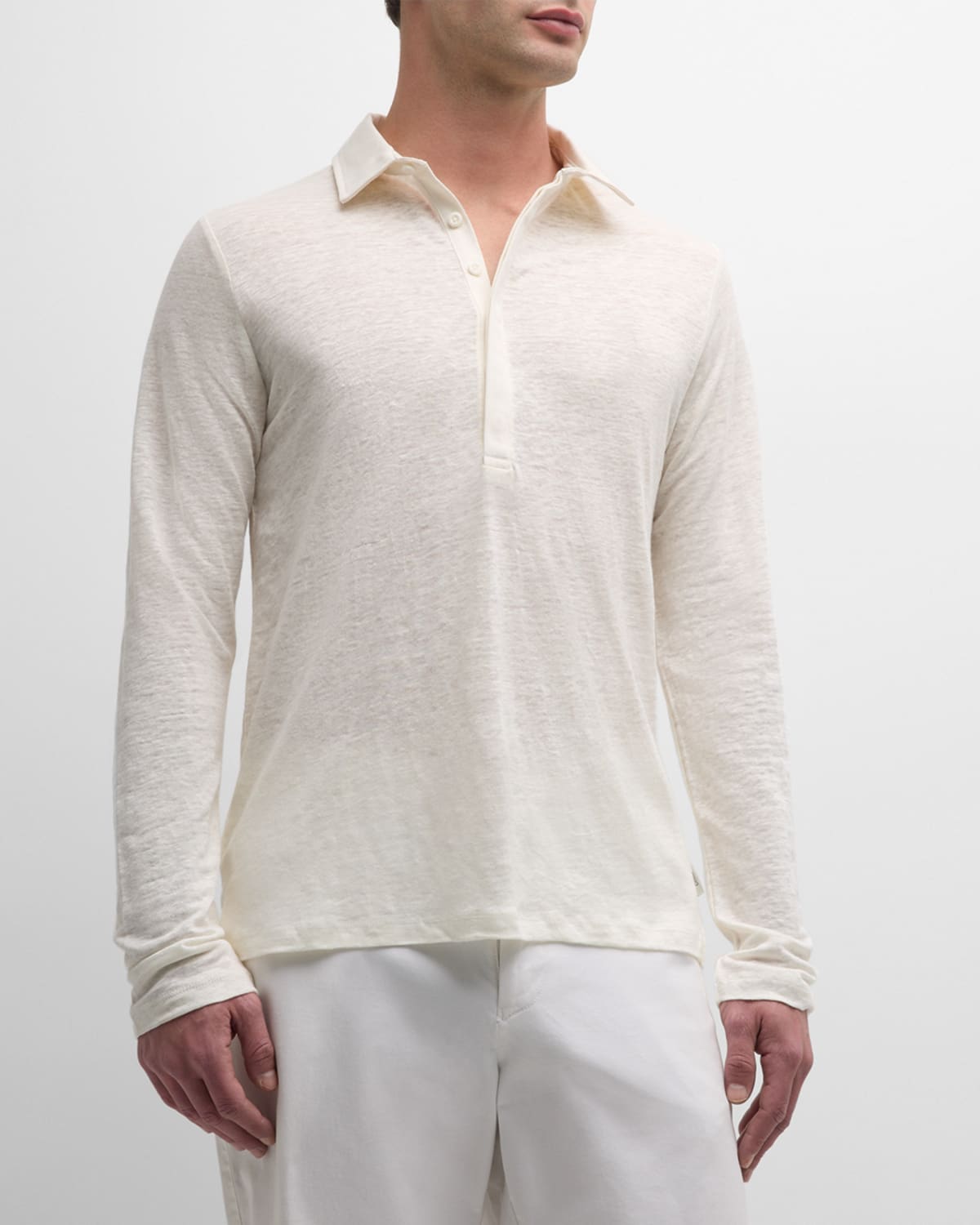 Shop Onia Men's Long-sleeve Linen Polo Shirt In White