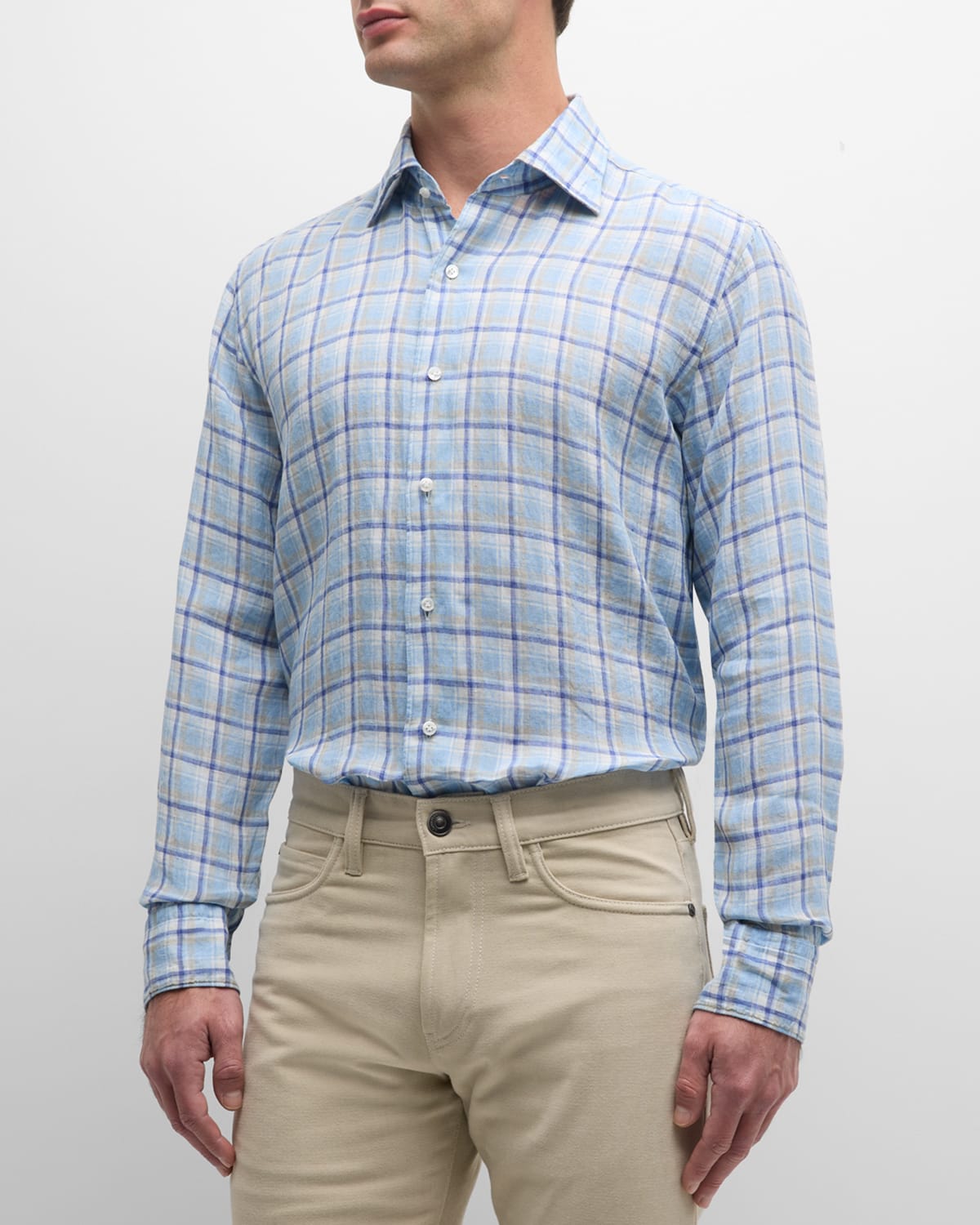 Peter Millar Men's Woodlawn Linen Check Sport Shirt In Blue Frost