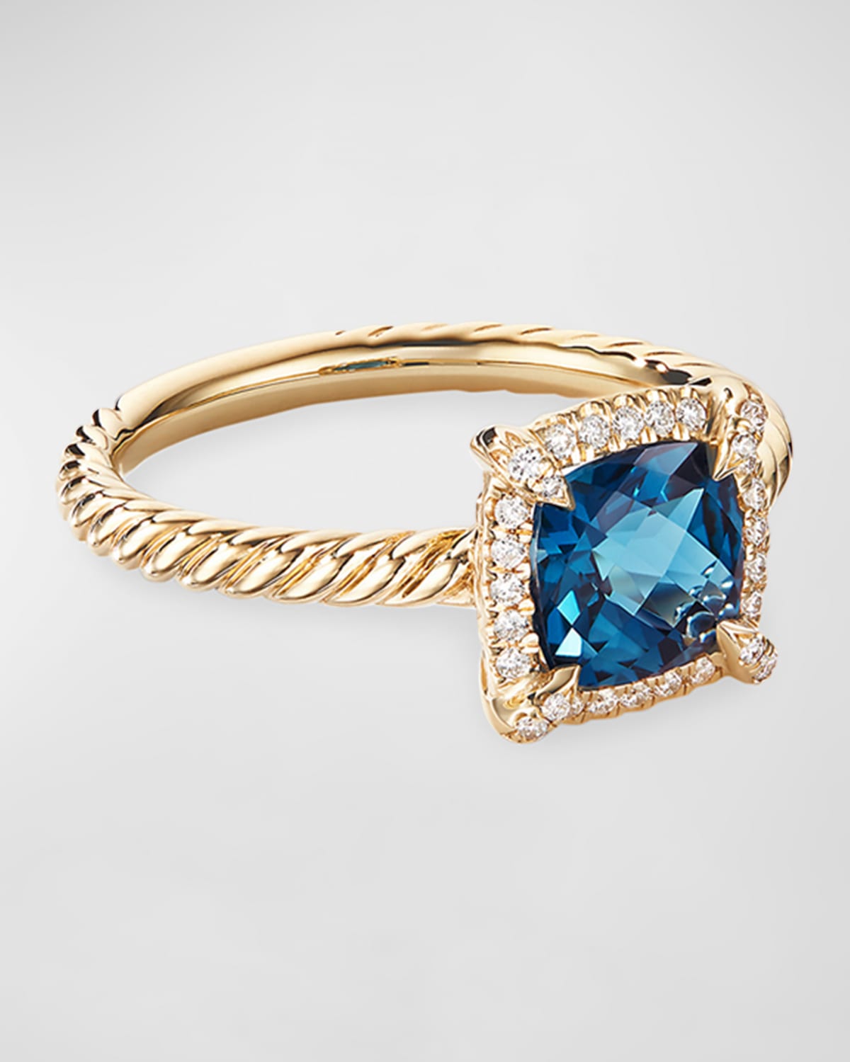 Shop David Yurman Petite Chatelaine Pave Bezel Ring In 18k Gold With Blue Topaz In 15 Blue
