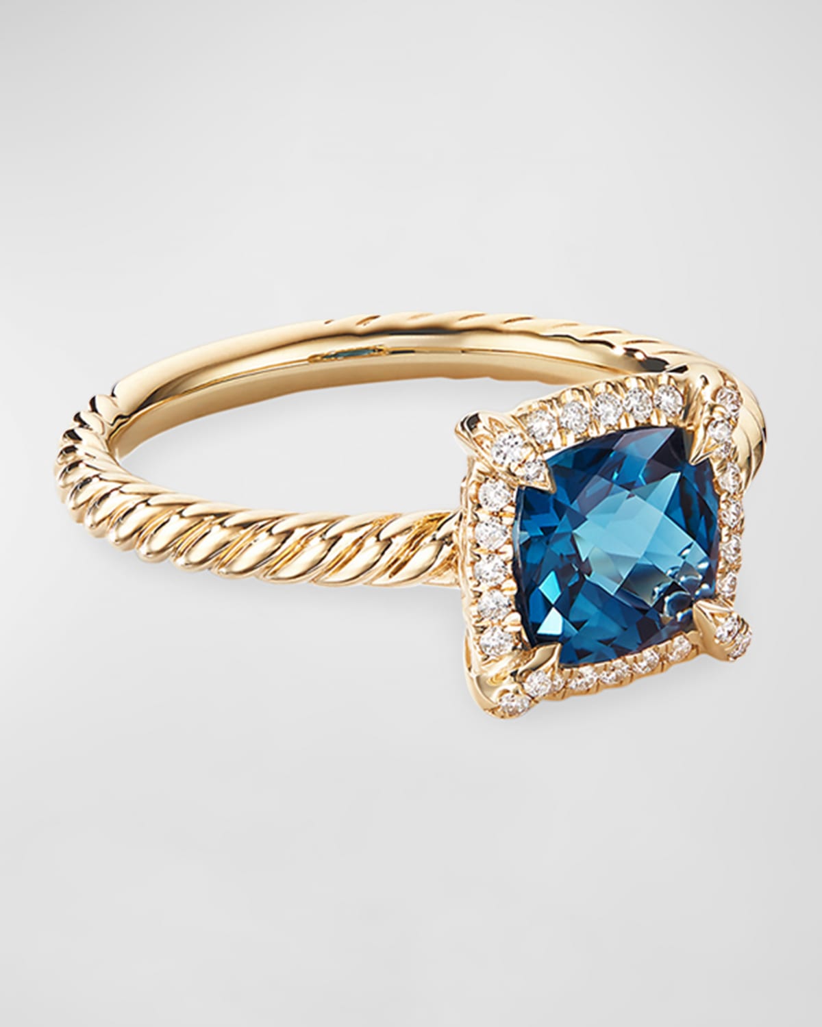 David Yurman Petite Chatelaine Pave Bezel Ring In 18k Yellow Gold With Hampton Blue Topaz In 15 Blue