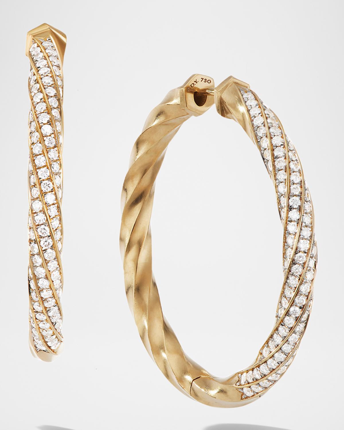 Cable Edge Hoop Earrings with Diamonds in 18K Gold, 1.5"L