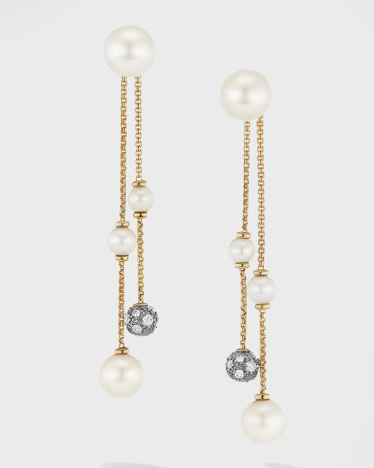 DAVID YURMAN PEARL AND PAVE TWO ROW DROP EARRINGS WITH DIAMONDS IN 18K GOLD, 8MM, 2.1"L