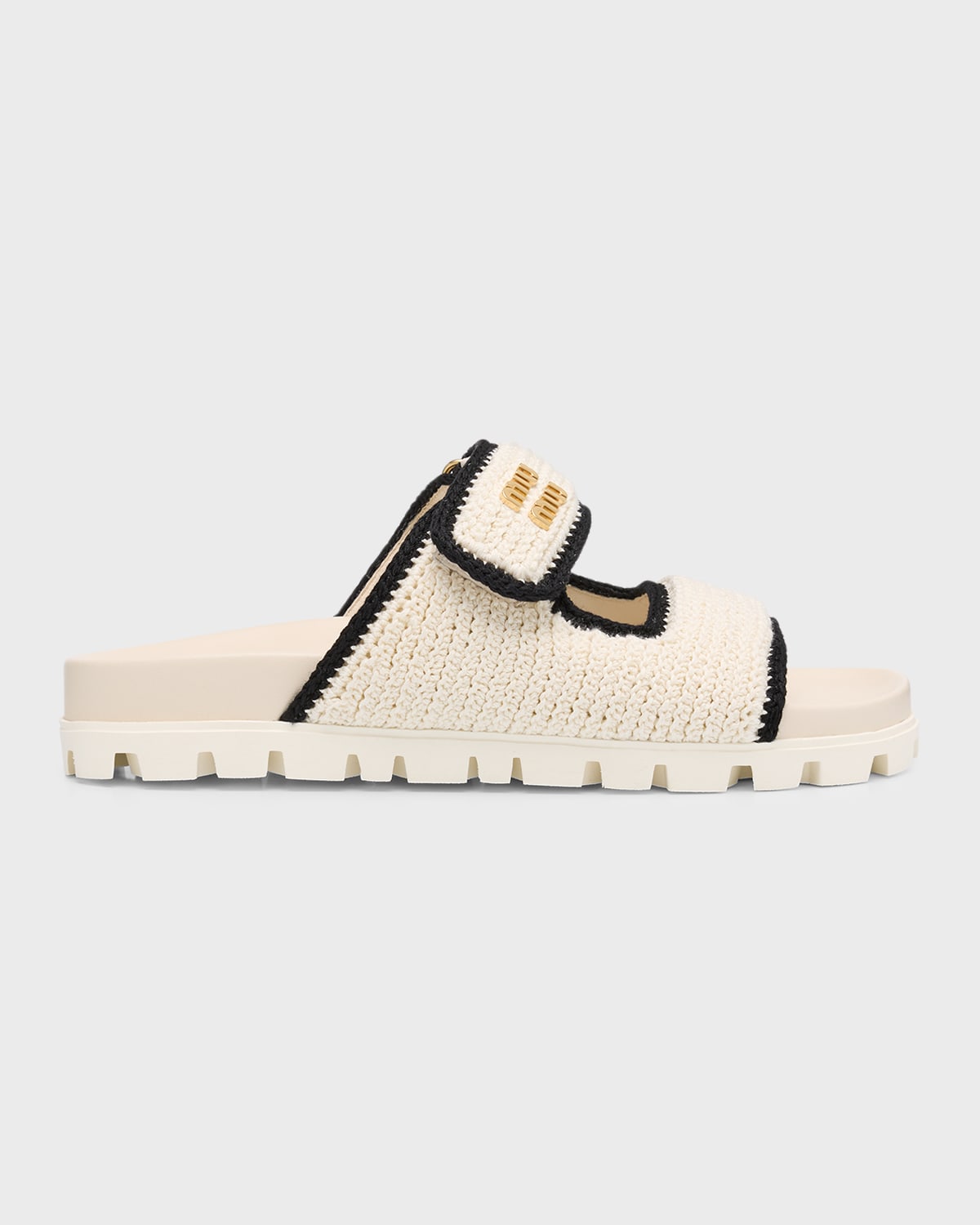 Miu Miu Bicolor Crochet Grip Slide Sandals In Avorio Nero
