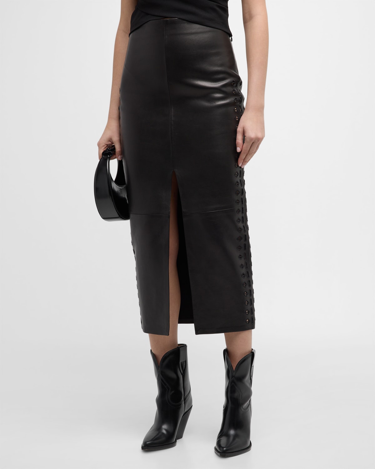 Shop Iro Akine Embroidered Leather Midi Skirt In Black