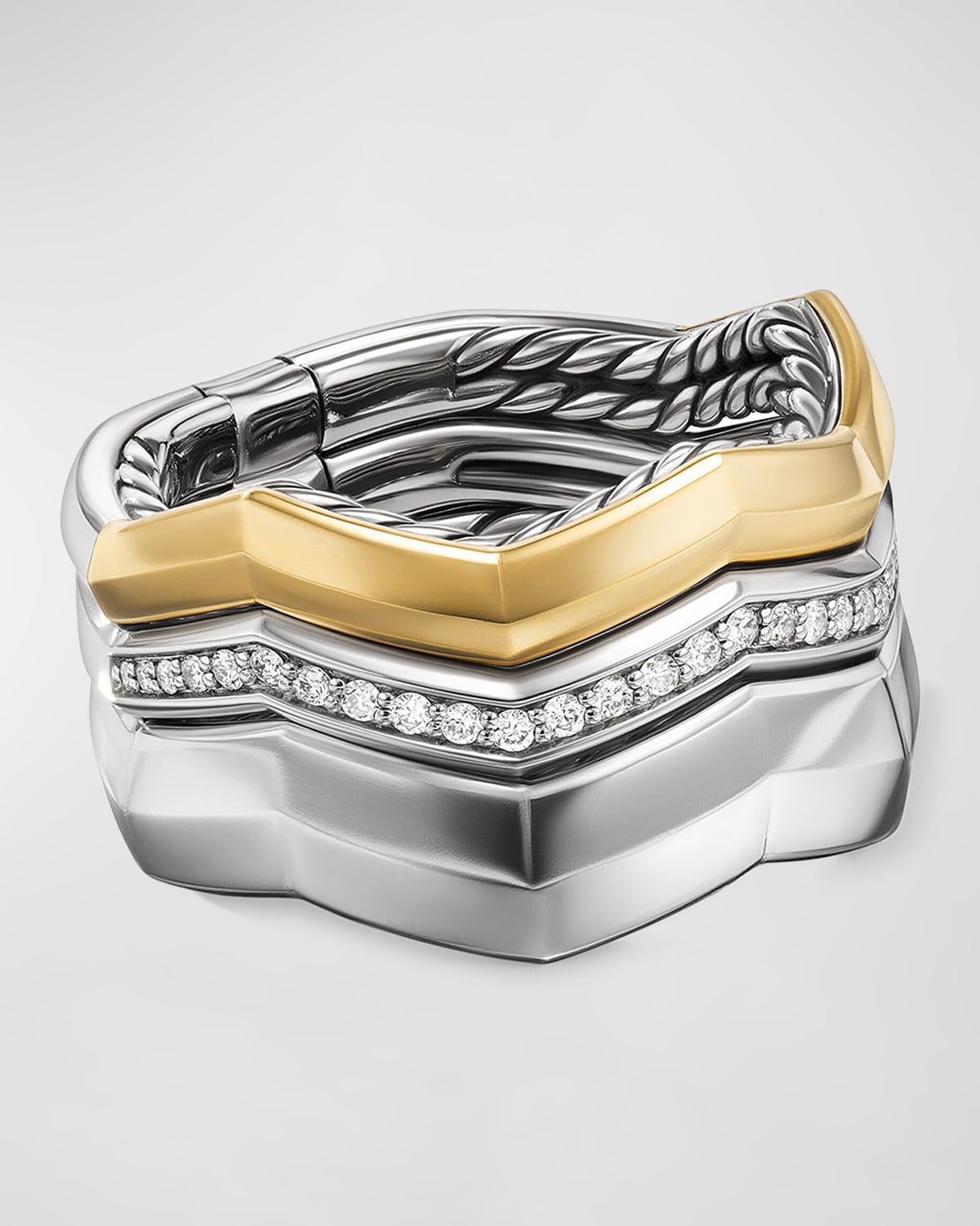 Shop David Yurman Zig Zag Stax Three Row Ring With Diamonds In 18k Gold And Silver, 11mm In Adi