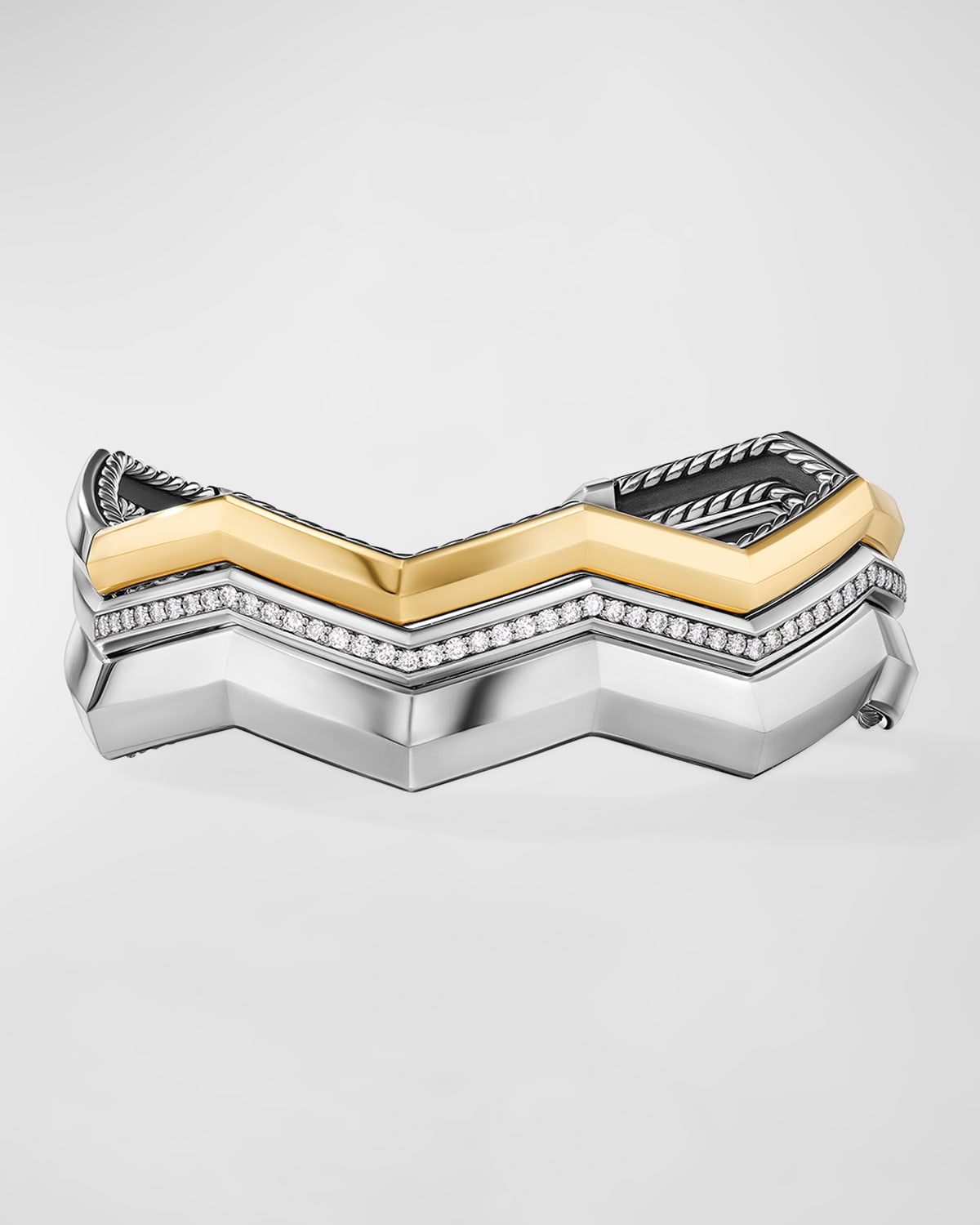 David Yurman Zig Zag Stax Three Row Cuff Bracelet With Diamonds In 18k Gold And Silver, 17mm In Adi