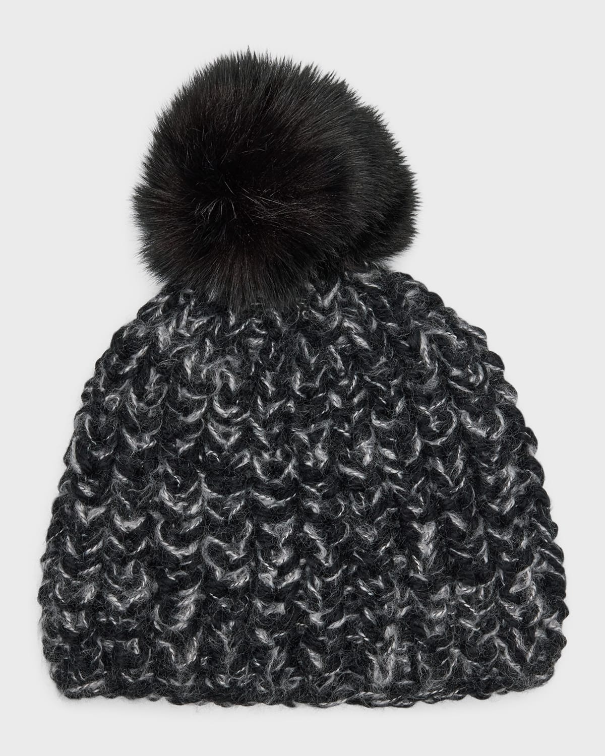 Chunky Crochet Knit Beanie With Faux Fur Pom