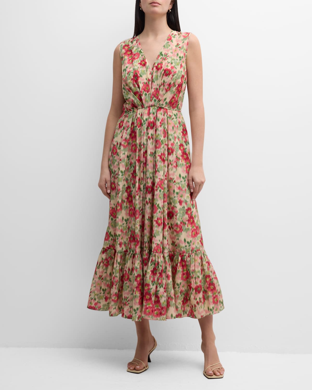 Adam Lippes Marina Crepe De Chine Floral Print Midi Dress In Pistachio Multi