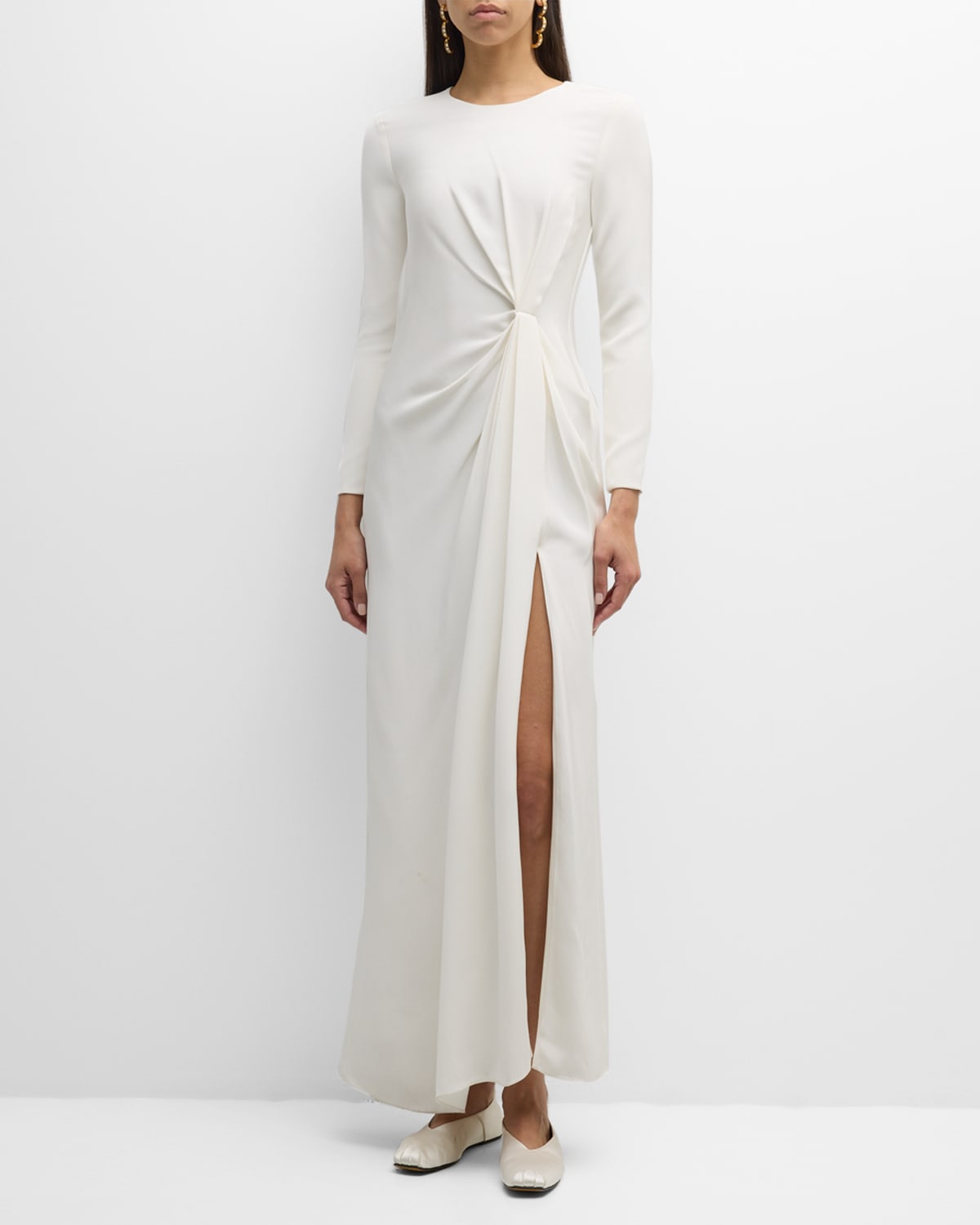 Adam Lippes Pleated Drape Slit-hem Long-sleeve Silk Crepe Maxi Dress In Ivory