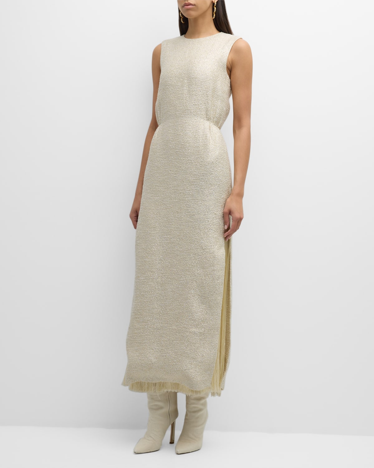 Shop Adam Lippes Fringe Side-slit Metallic Tweed Sleeveless Maxi Dress In Metallic Multi