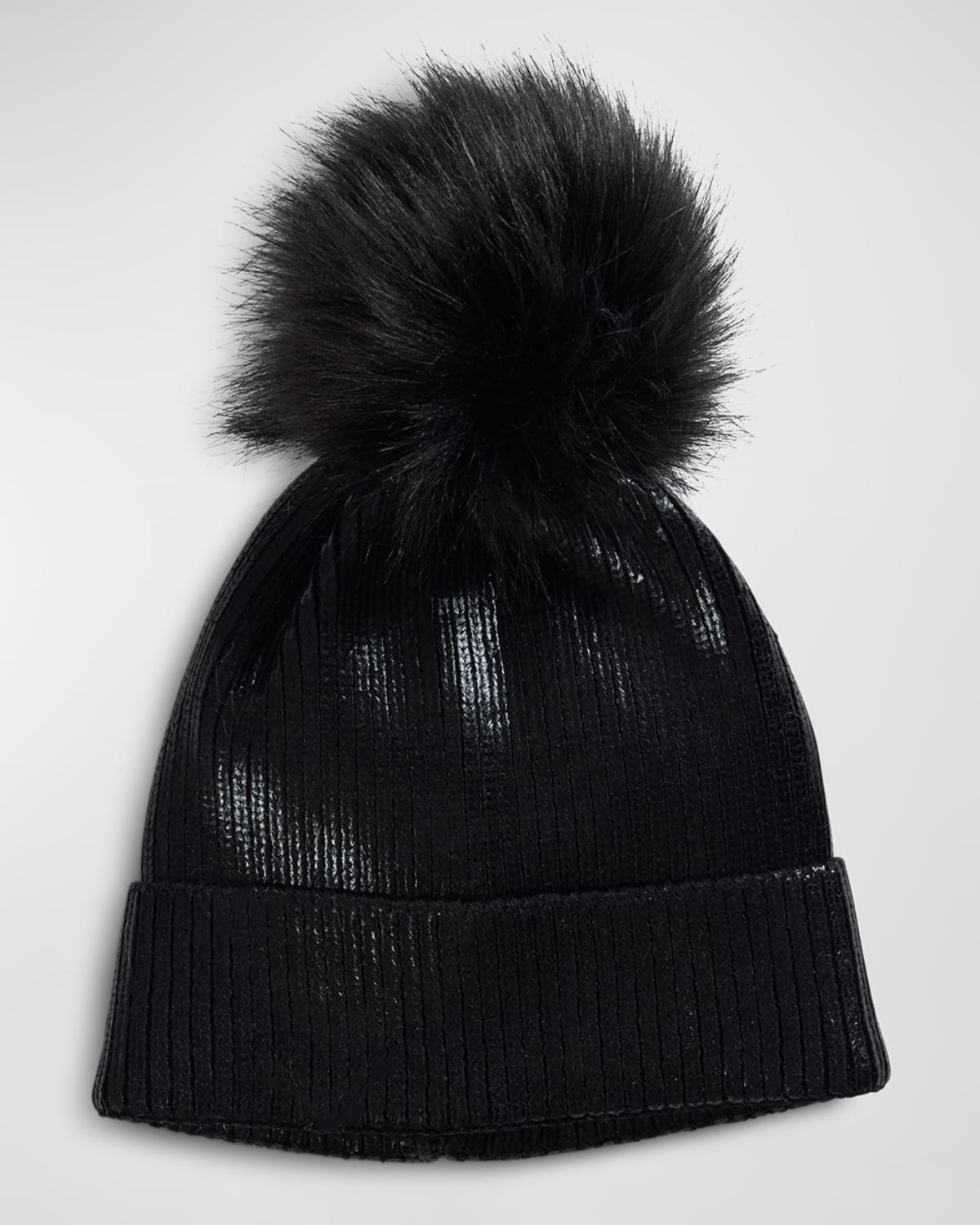 Fabulous Furs Metallic Ribbed Beanie With Faux Fur Pom In Black