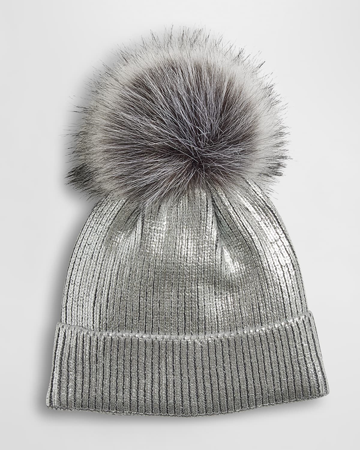 Fabulous Furs Kids' Metallic Ribbed Beanie With Faux Fur Pom In Silver
