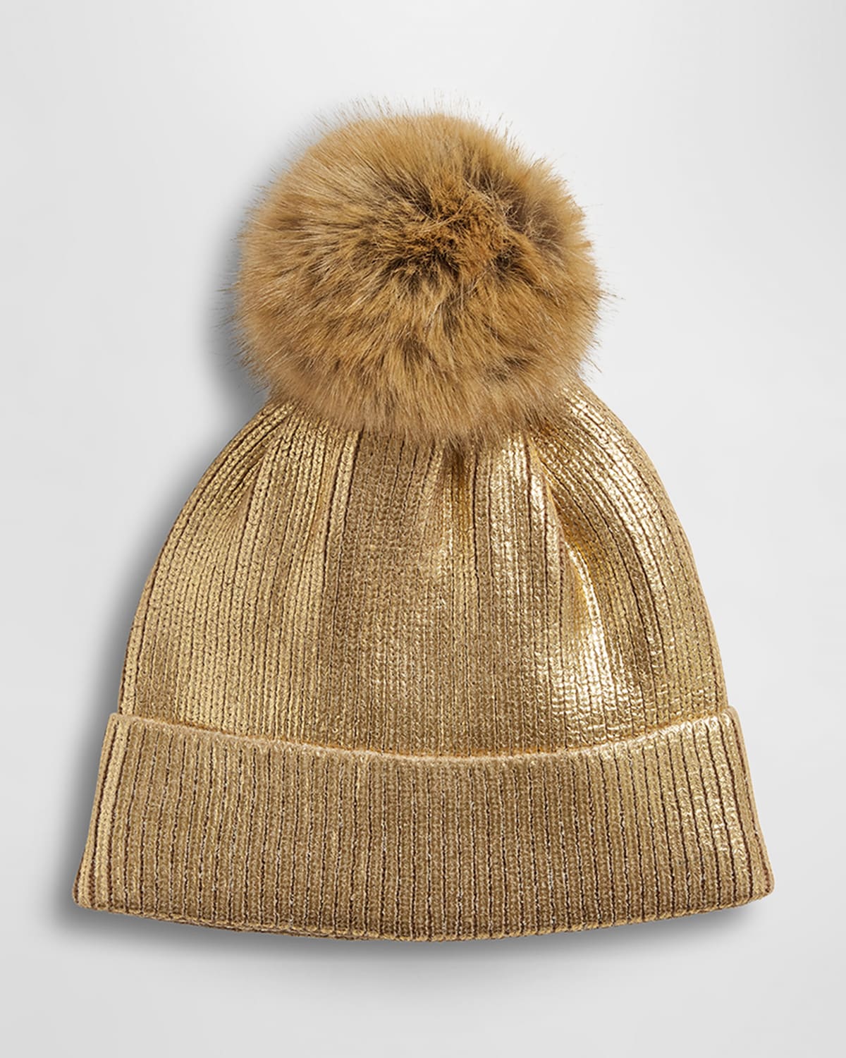 Fabulous Furs Metallic Ribbed Beanie With Faux Fur Pom In Gold