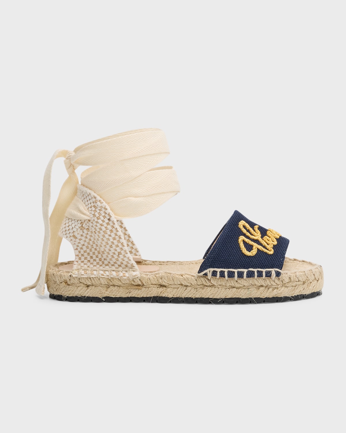 Shop Versace Girl's Logo Embroidered Lace Up Espadrilles Sandals, Kids In Naturale Navy Oro