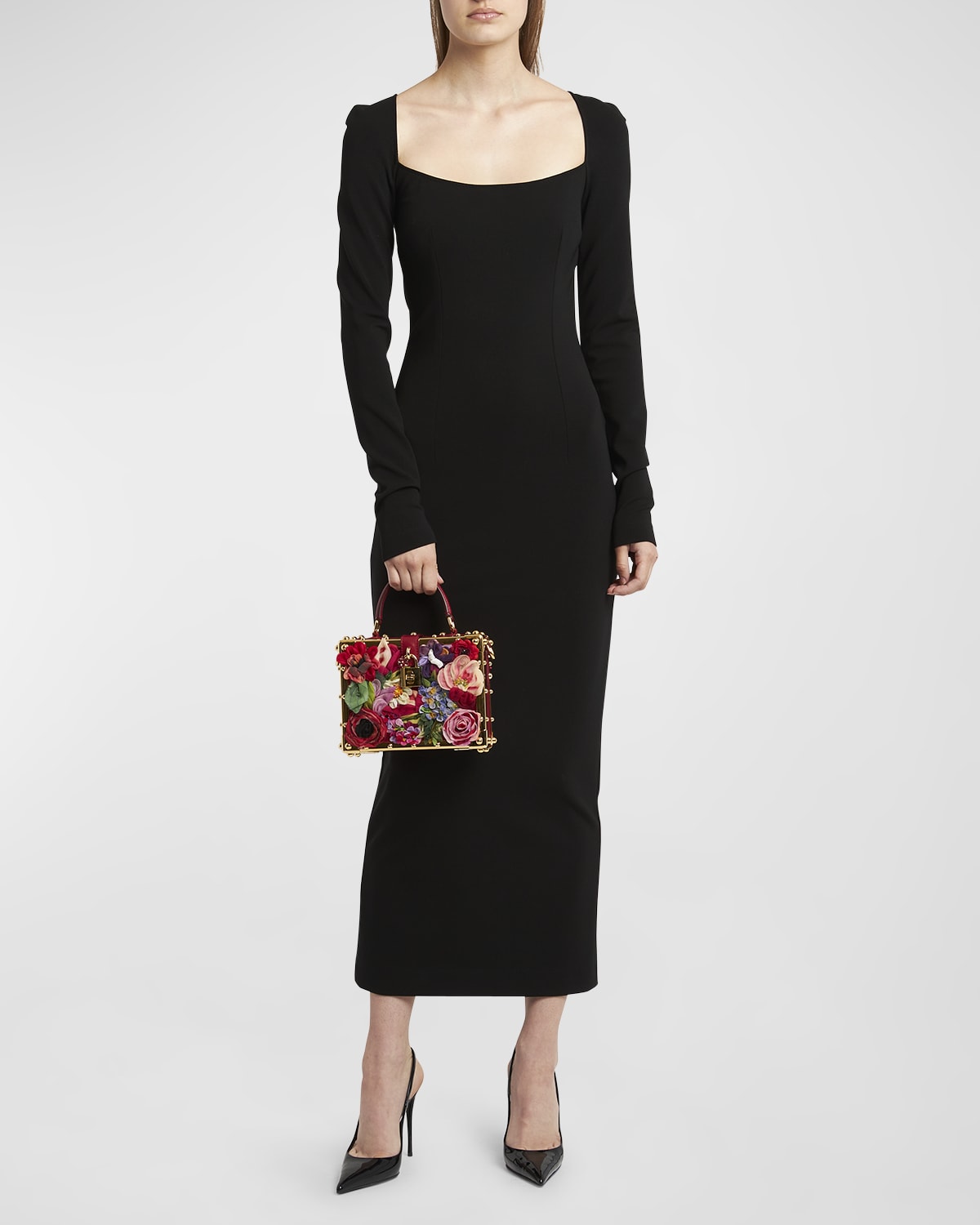 Dolce & Gabbana Square-neck Long-sleeve Milano Jersey Midi Dress In Black