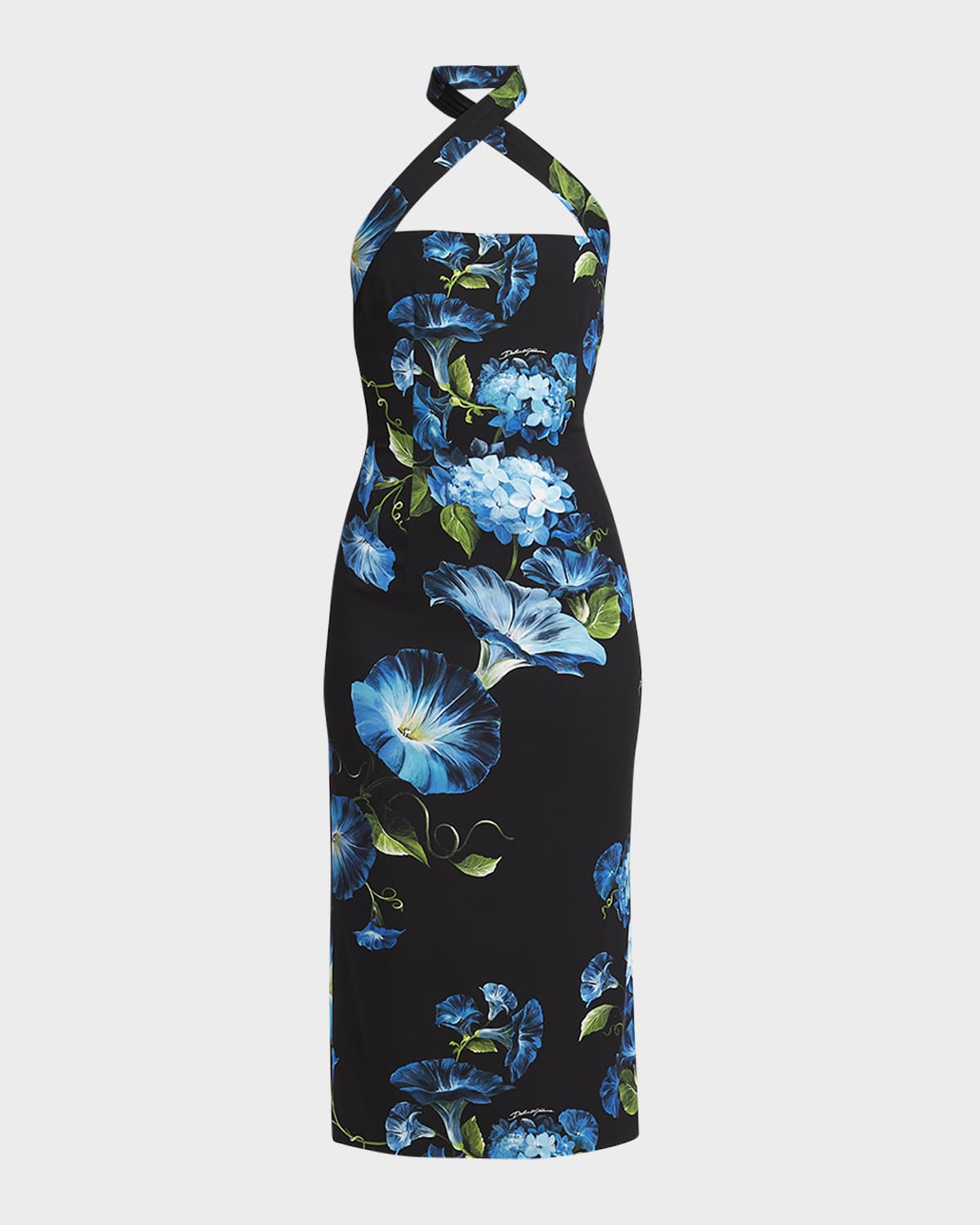 Shop Dolce & Gabbana Blue Bell Floral Print Halter Midi Dress In Blkprtflow