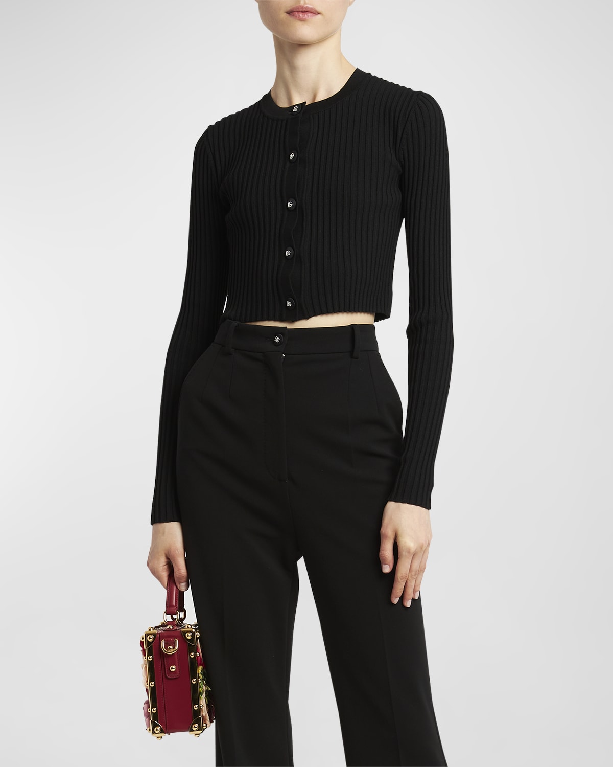 Dolce & Gabbana Ribbed Crop Button-front Cardigan In Blk Rib
