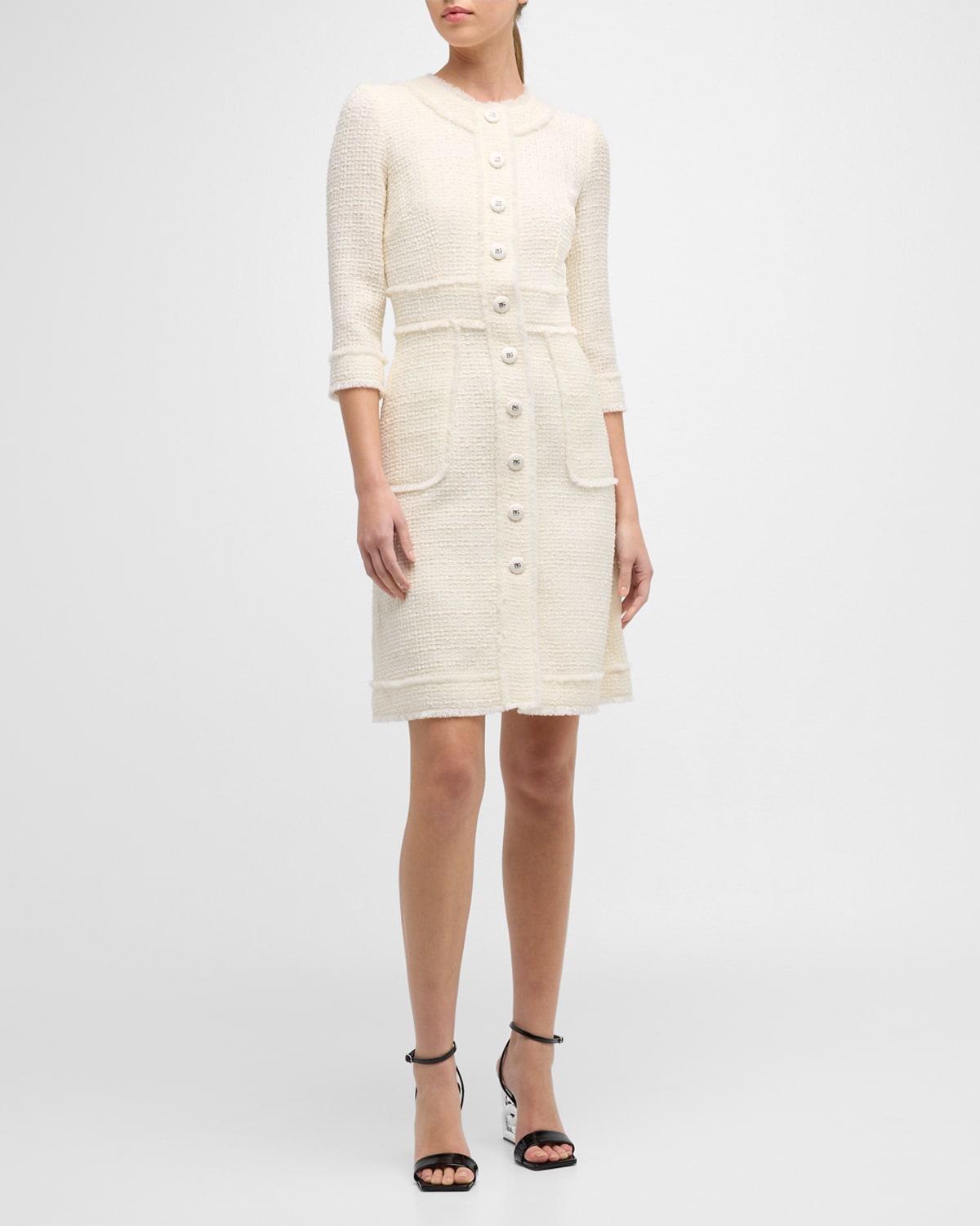 Dolce & Gabbana Button-front 3/4-sleeve Tweed Dress In Lght Cream