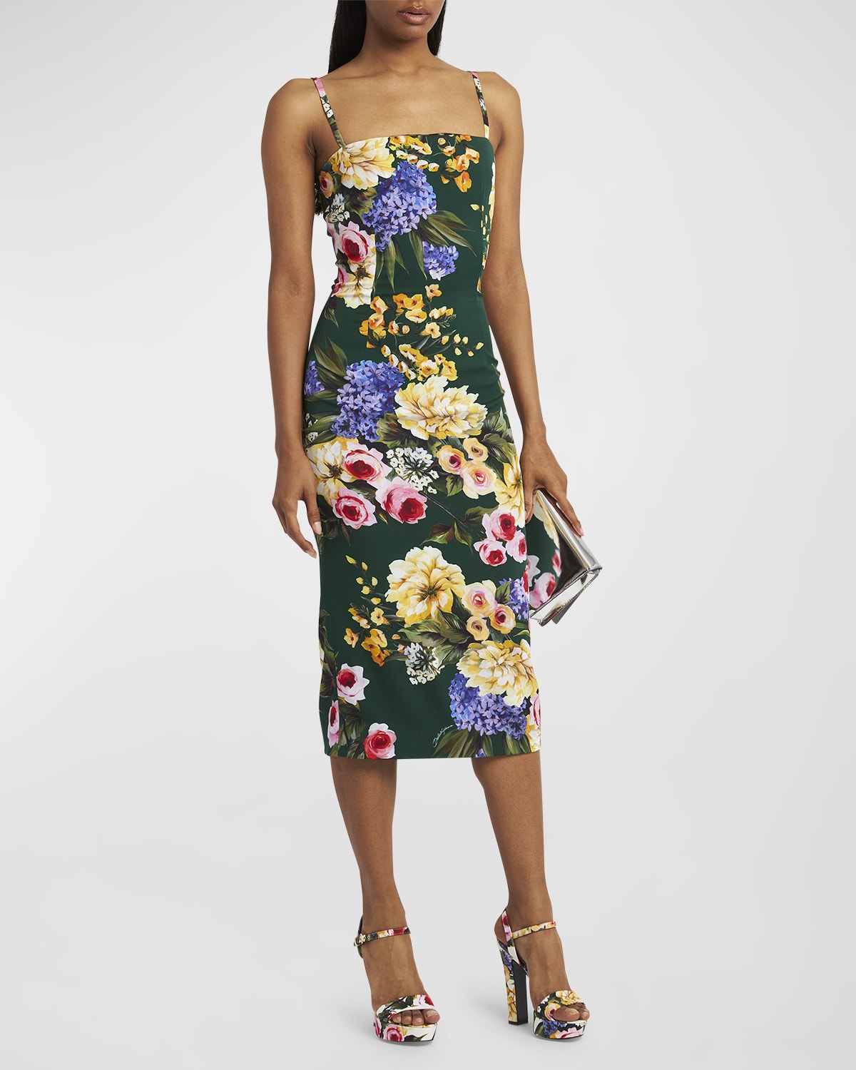 Shop Dolce & Gabbana Floral Print Midi Dress In Greenprint