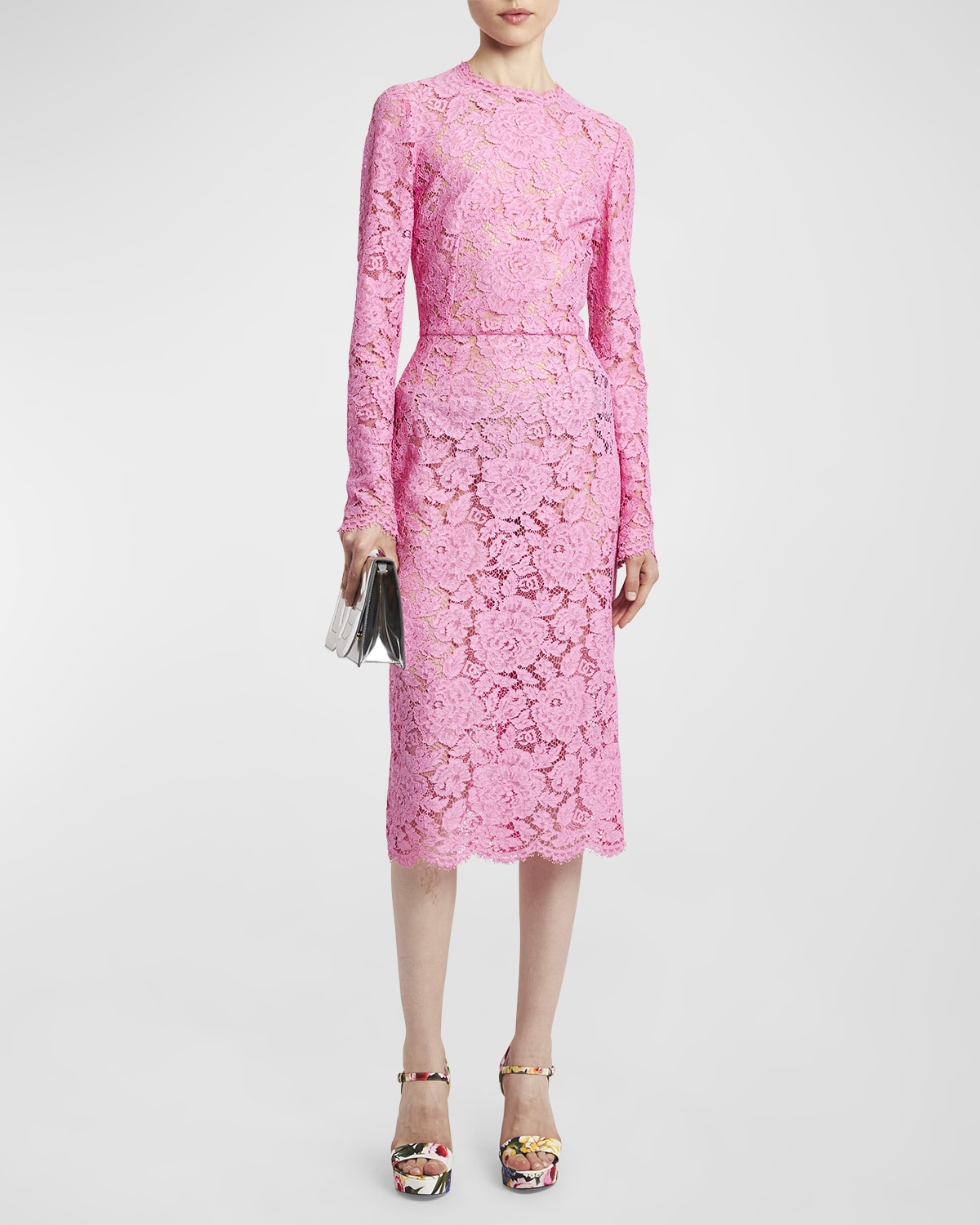 Shop Dolce & Gabbana Floral Lace Long-sleeve Midi Dress In Pink