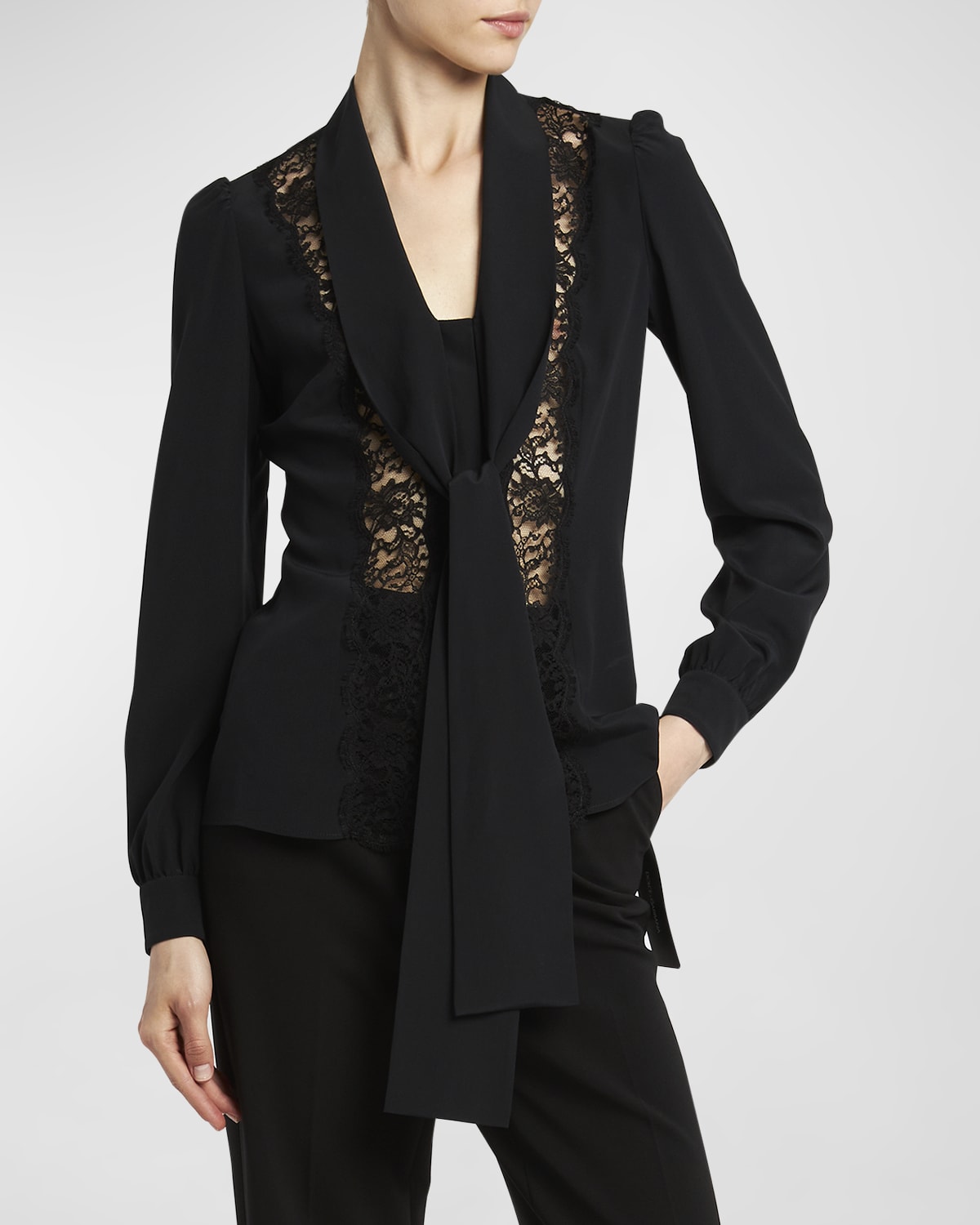 Dolce & Gabbana Tie-neck Blouse With Lace Inset Detail In Black