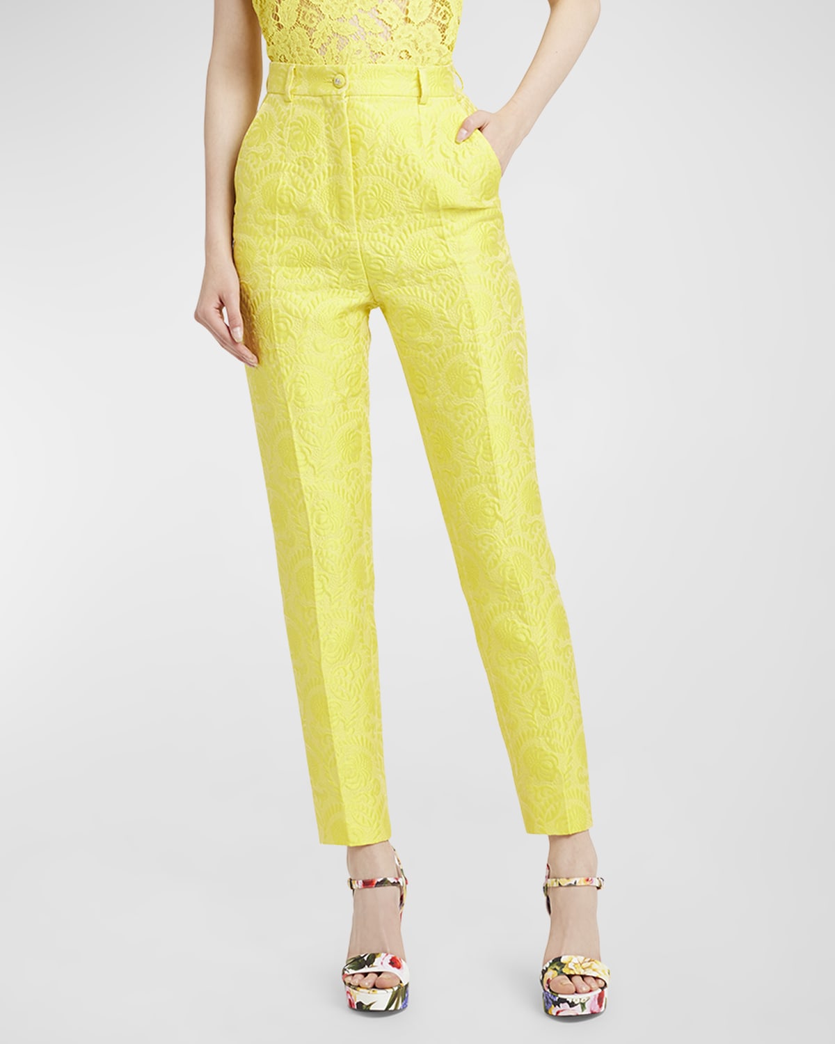 Dolce & Gabbana High-rise Flower Jacquard Straight-leg Pants In Yellow