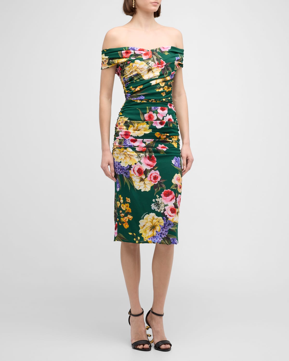 Shop Dolce & Gabbana St. Giardino Floral-print Sleeveless Draped Charmeuse Midi Dress In Greenprint