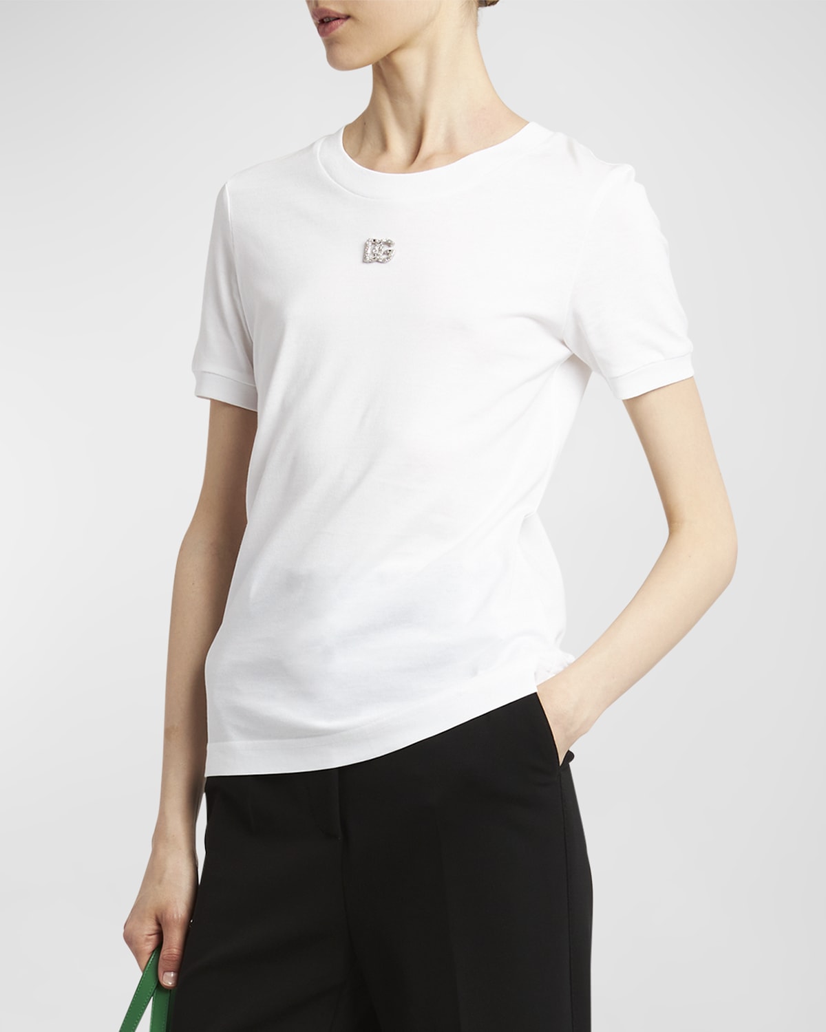 Shop Dolce & Gabbana Cotton T-shirt With Strass Crystal Logo In Opticalwhi