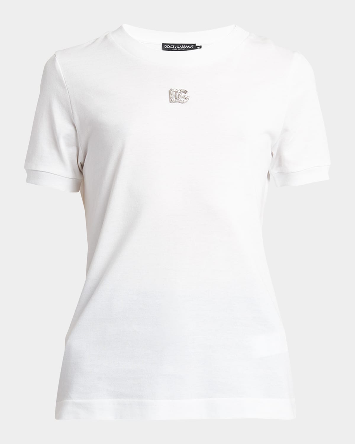 Dolce & Gabbana White T-shirt With Dg Logo On The Front Finished With Rhinestones In Cotton Woman In Opticalwhi