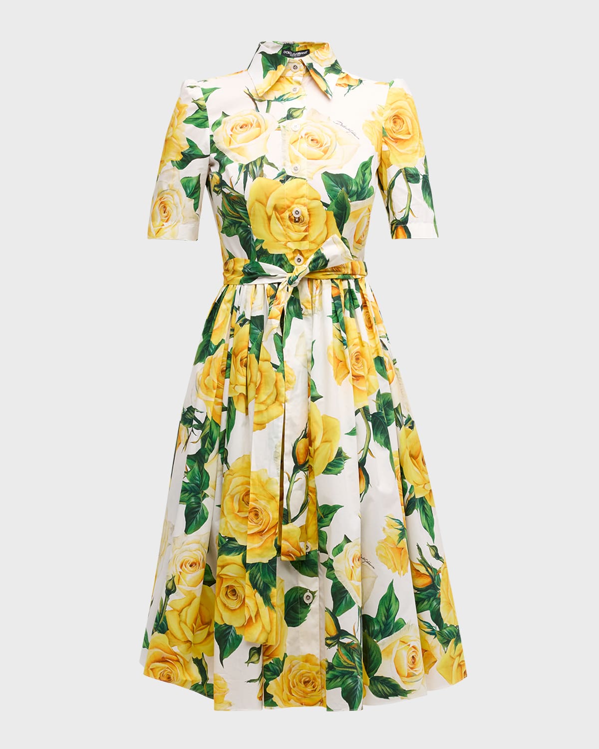 Dolce & Gabbana Cotton Shirt Dress With Yellow Rose Print In Whtprtyell