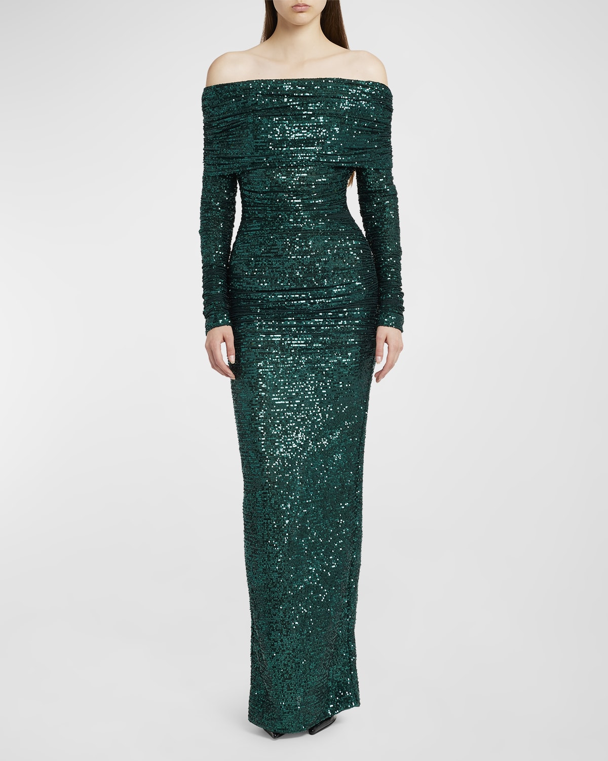 Shop Dolce & Gabbana Sequin Off-shoulder Column Gown In Dark Green