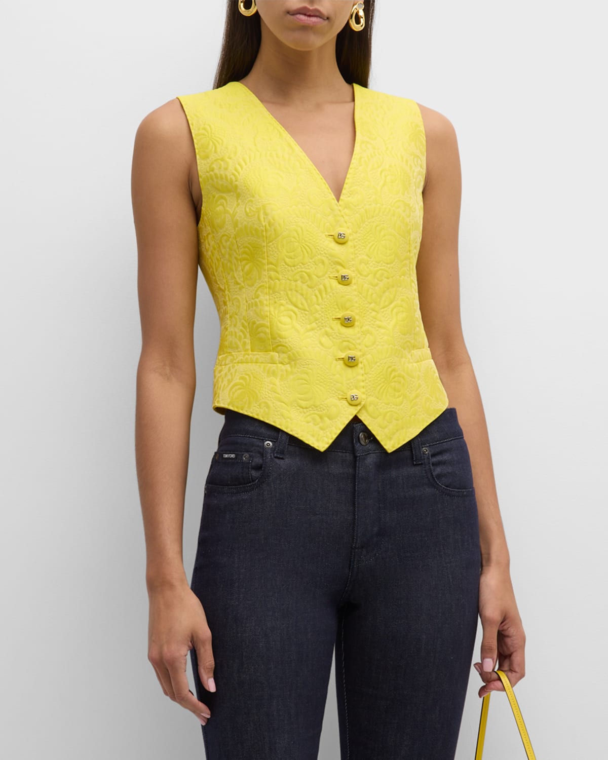 Shop Dolce & Gabbana Lana Brocade Button-front Vest In Yellow