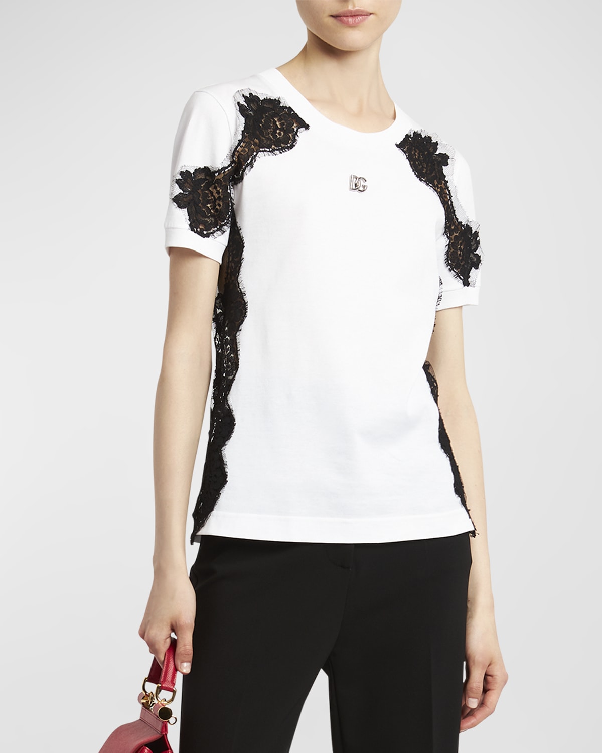 Dolce & Gabbana Lace-inset Jersey T-shirt In Whtembblak