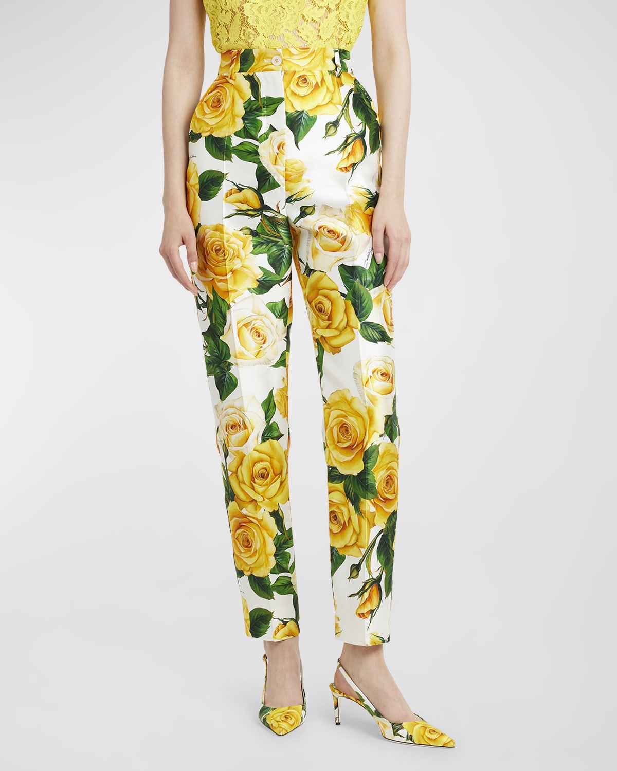 DOLCE & GABBANA YELLOW ROSE FLORAL PRINT TROUSERS