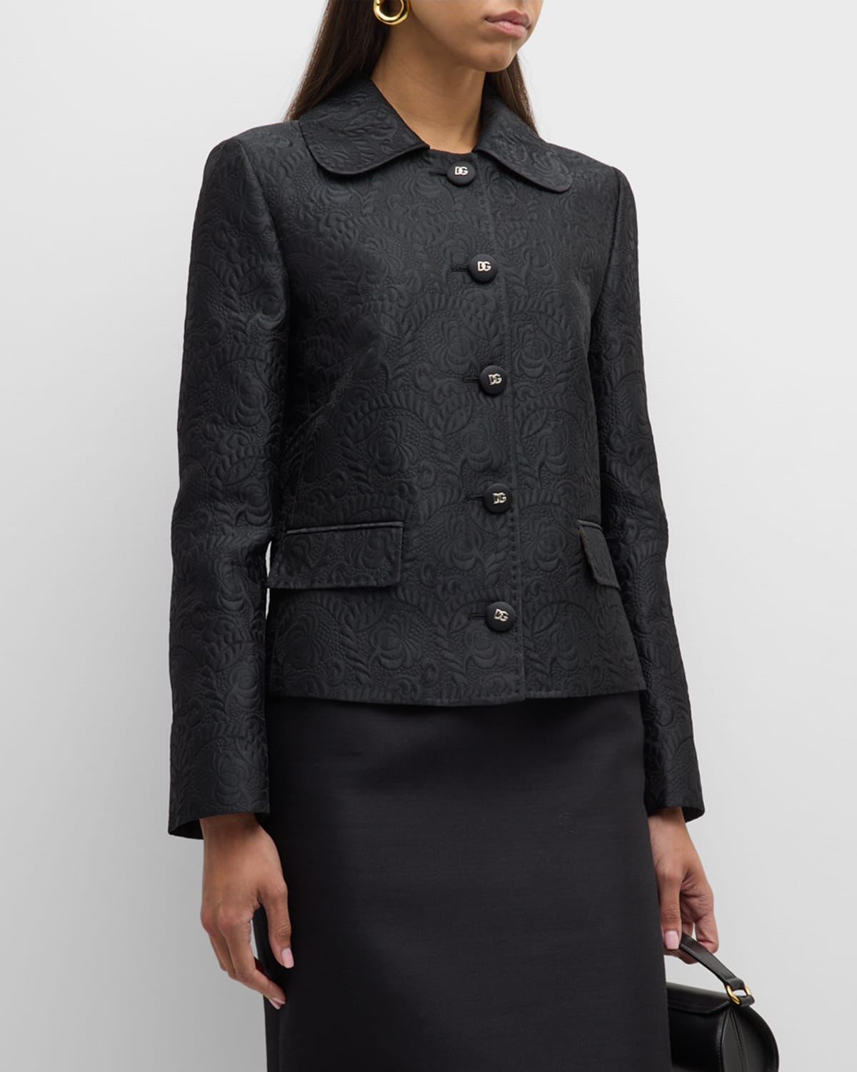 Dolce & Gabbana Fiori Matelasse Brocade Jacquard Long-sleave Jacket In Black