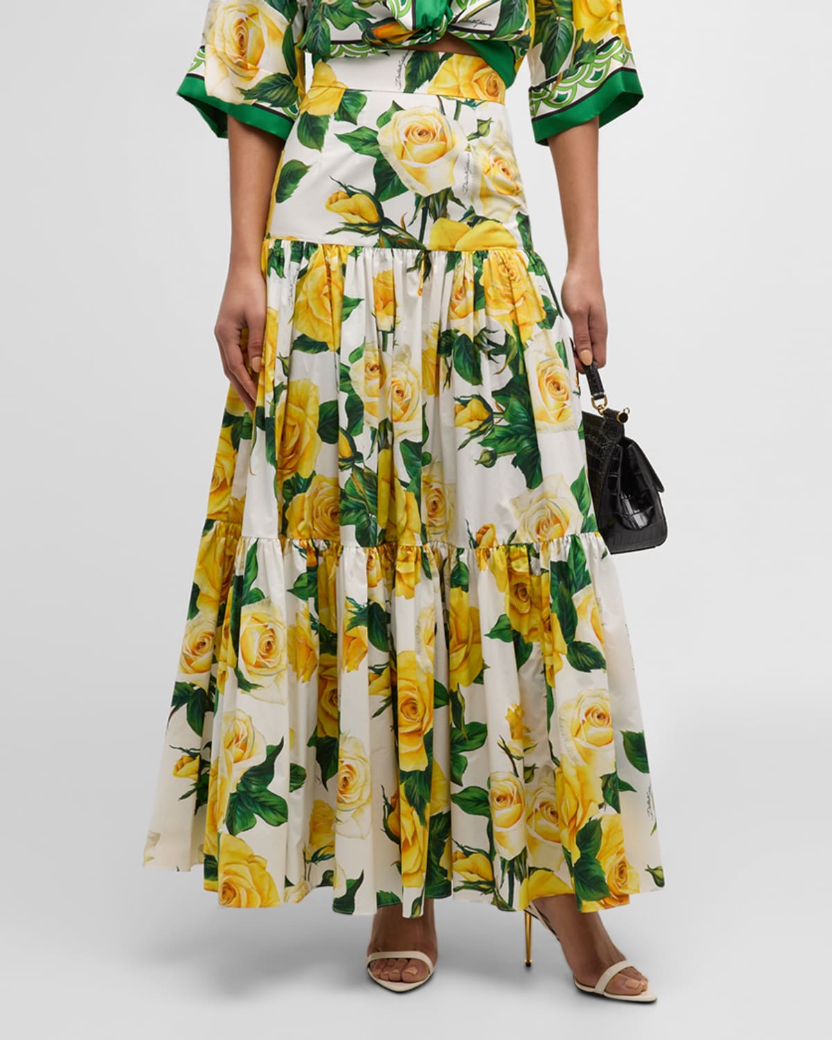 Yellow Rose-Print Tiered Maxi Skirt
