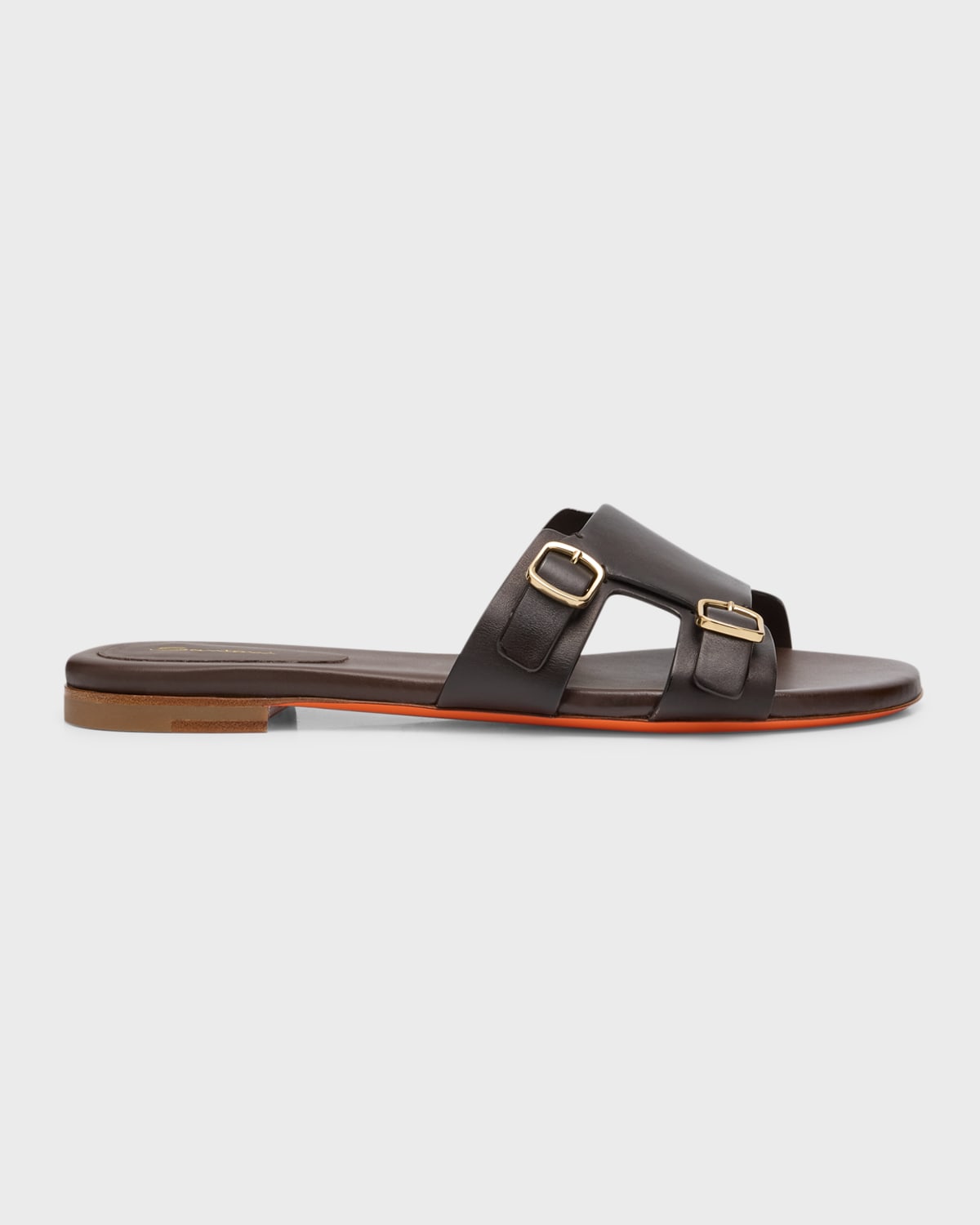 Shop Santoni Foresaw Leather Double Monk Slide Sandals In Dark Brown