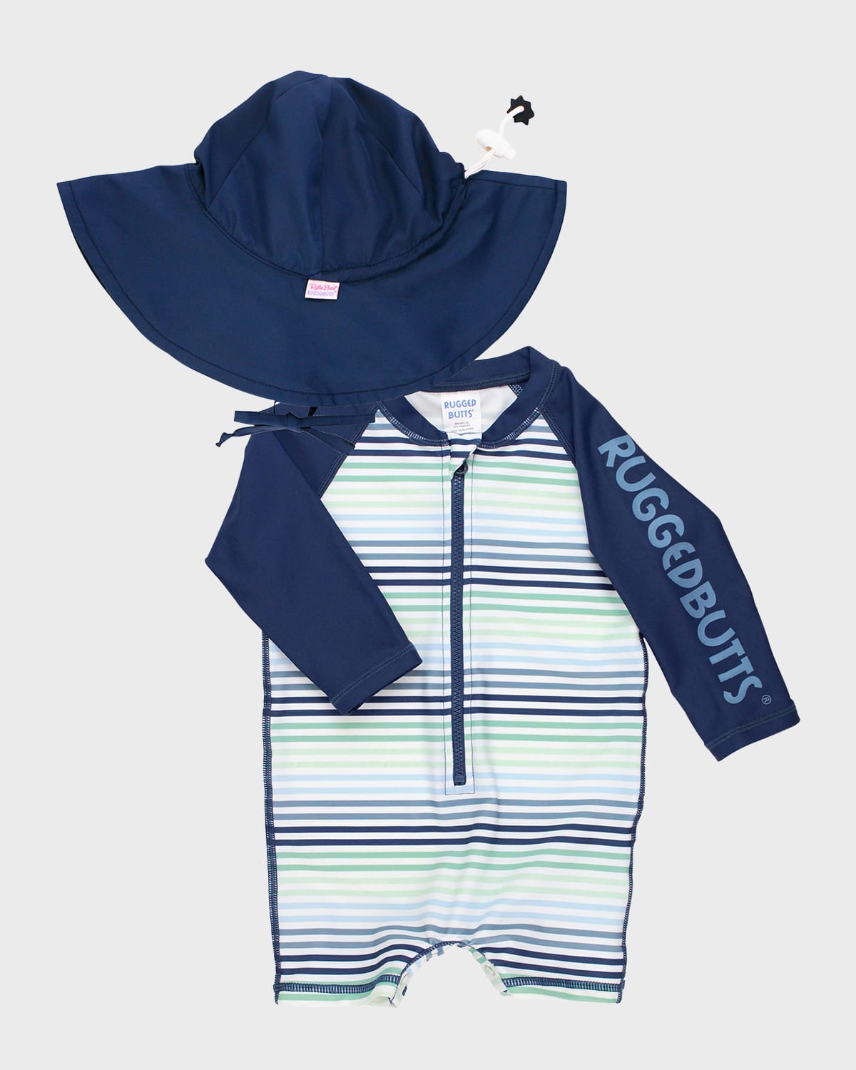 Boy's Coastal Stripe One-Piece Swimsuit and Hat Set, Size 0M-24M