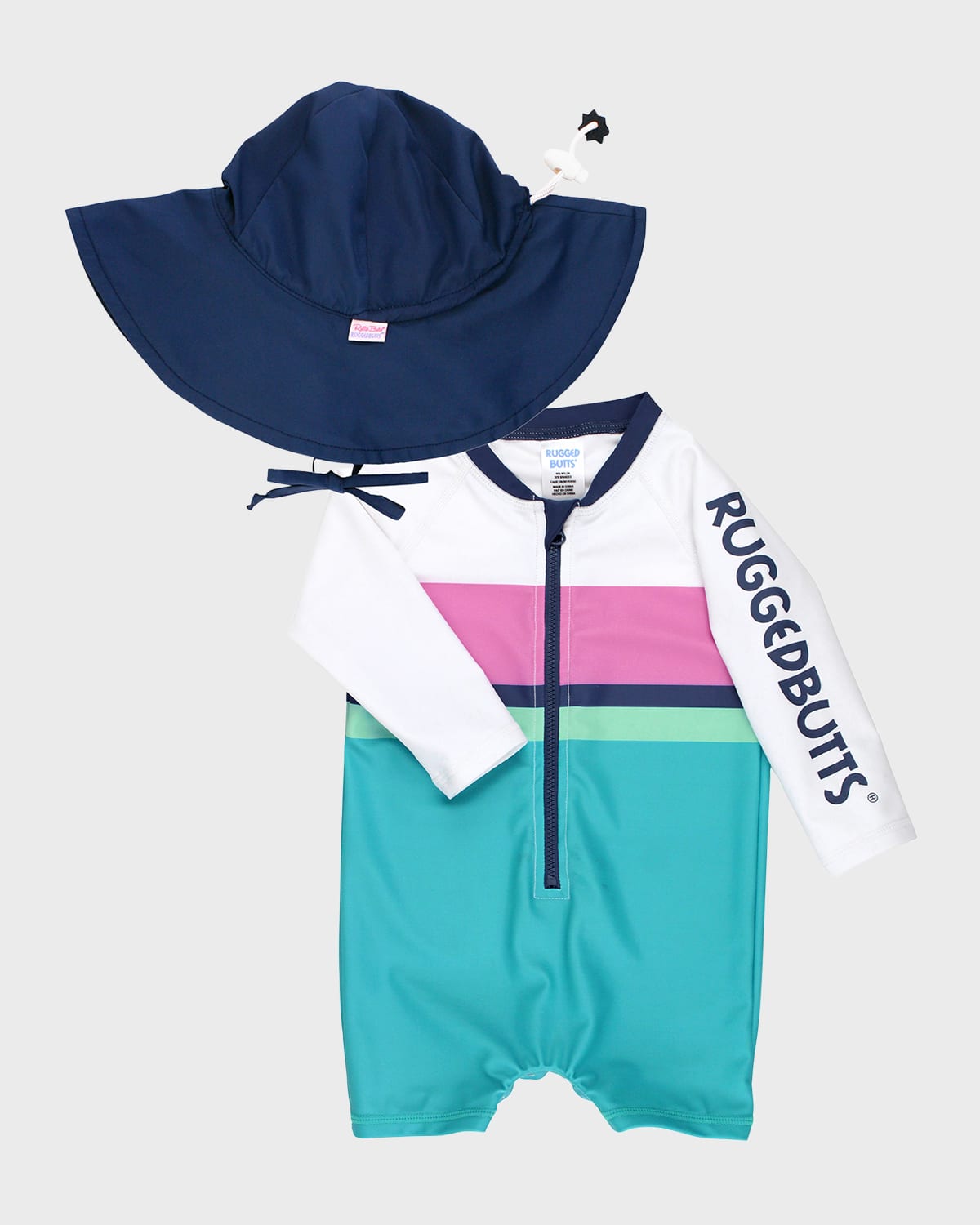 Boy's Colorblock One-Piece Rashguard Swimsuit and Hat Set, Size 0M-2T